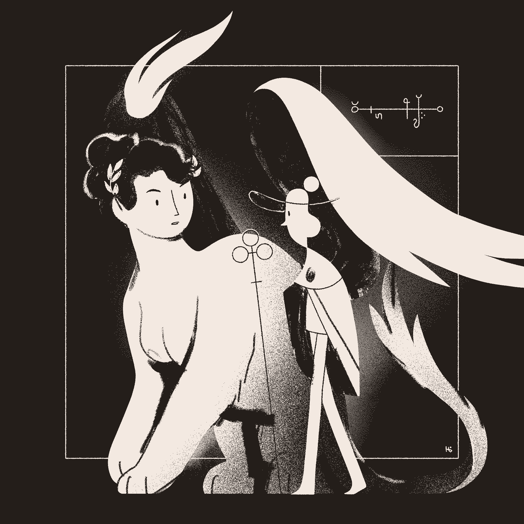 A sphinx-like cherub walks alongside the magician Āyen. Asemic text is part of the frame.