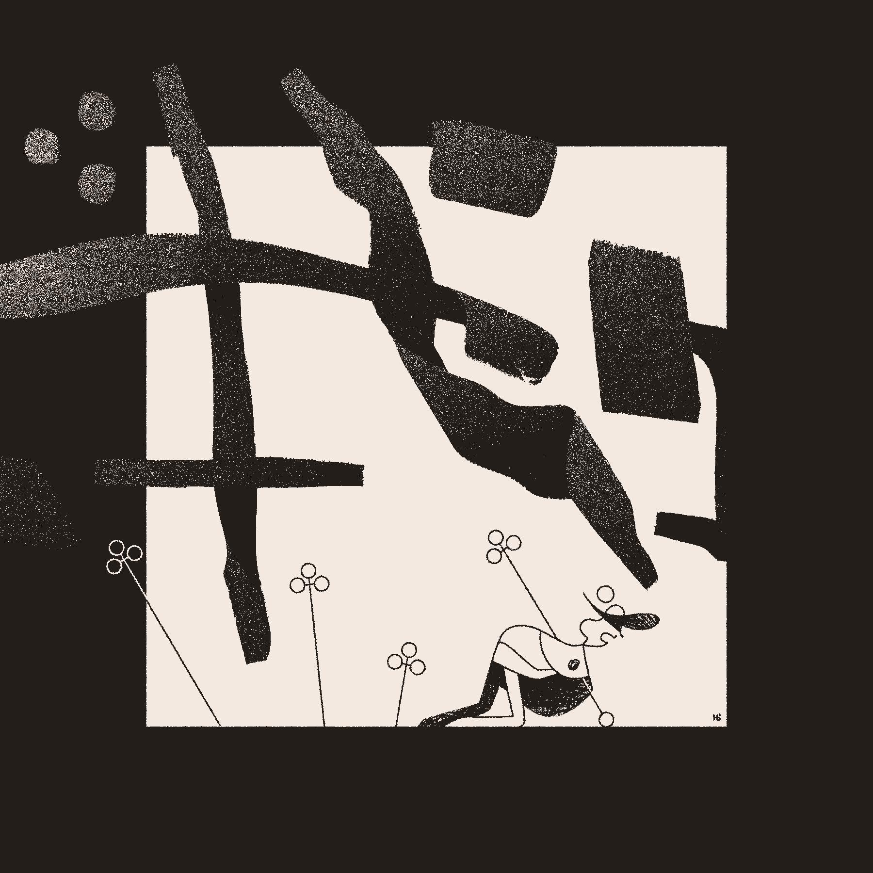 The magician Āyen is painfully pinned to the ground by a cross-like sigil, and is trailed by other sigils that have missed their target. Large, ribbon-like asemic text bursts from the frame above.