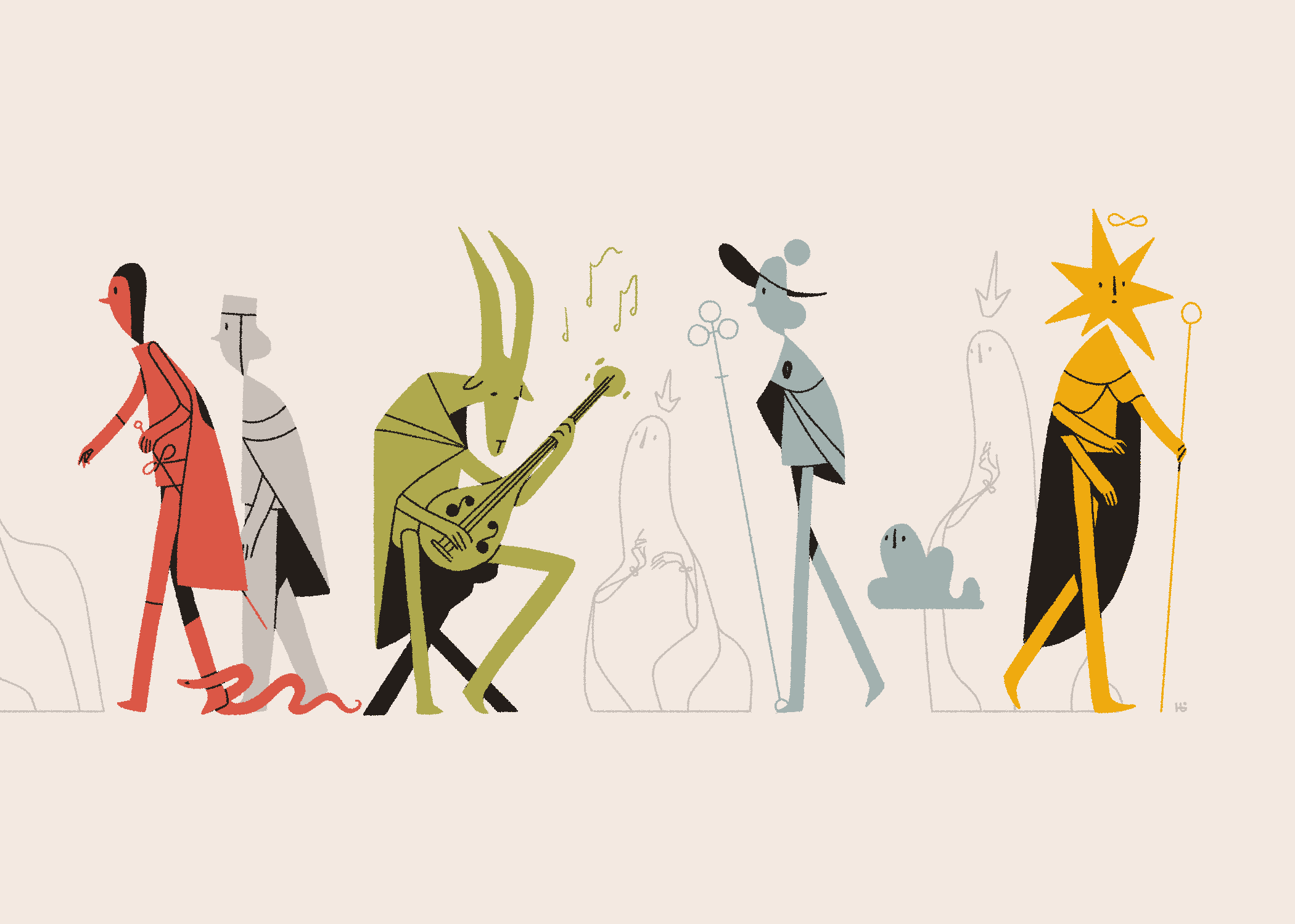 A street-like scene where Tshōn, a red pilgrim, Zulē, a green goat-like bard, Āyen, a blue magician, and Ikurē, a golden cleric, all pass by one another as saints and a seeker watch on.