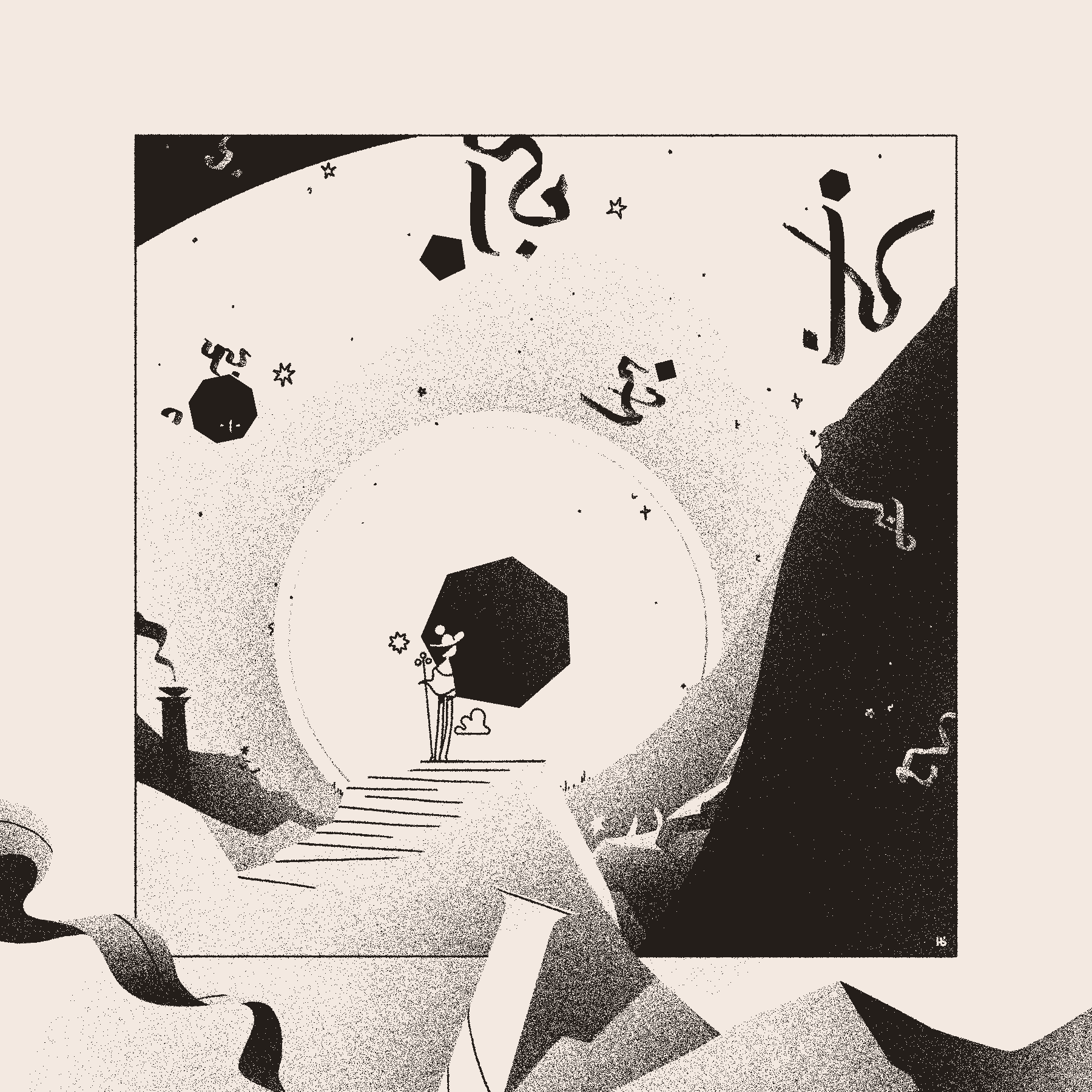 The magician Āyen steps to the top of a staircase and beholds Otherwise, dotted with ribbon-like and geometric entities, surrounding a massive black heptagon in the distance — the Throne of Heaven.