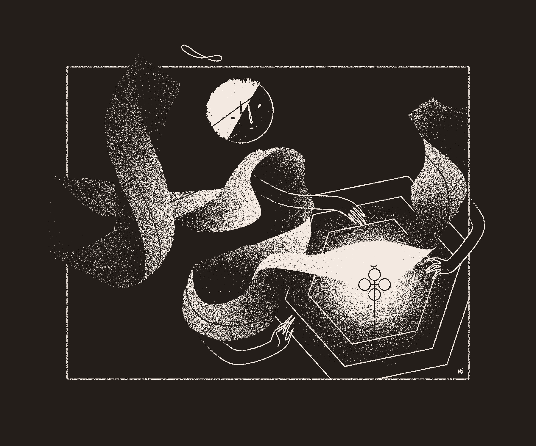 A ribbon-like entity with three arms and a cracked face reaches through hexagonal linework toward a cross-like sigil.