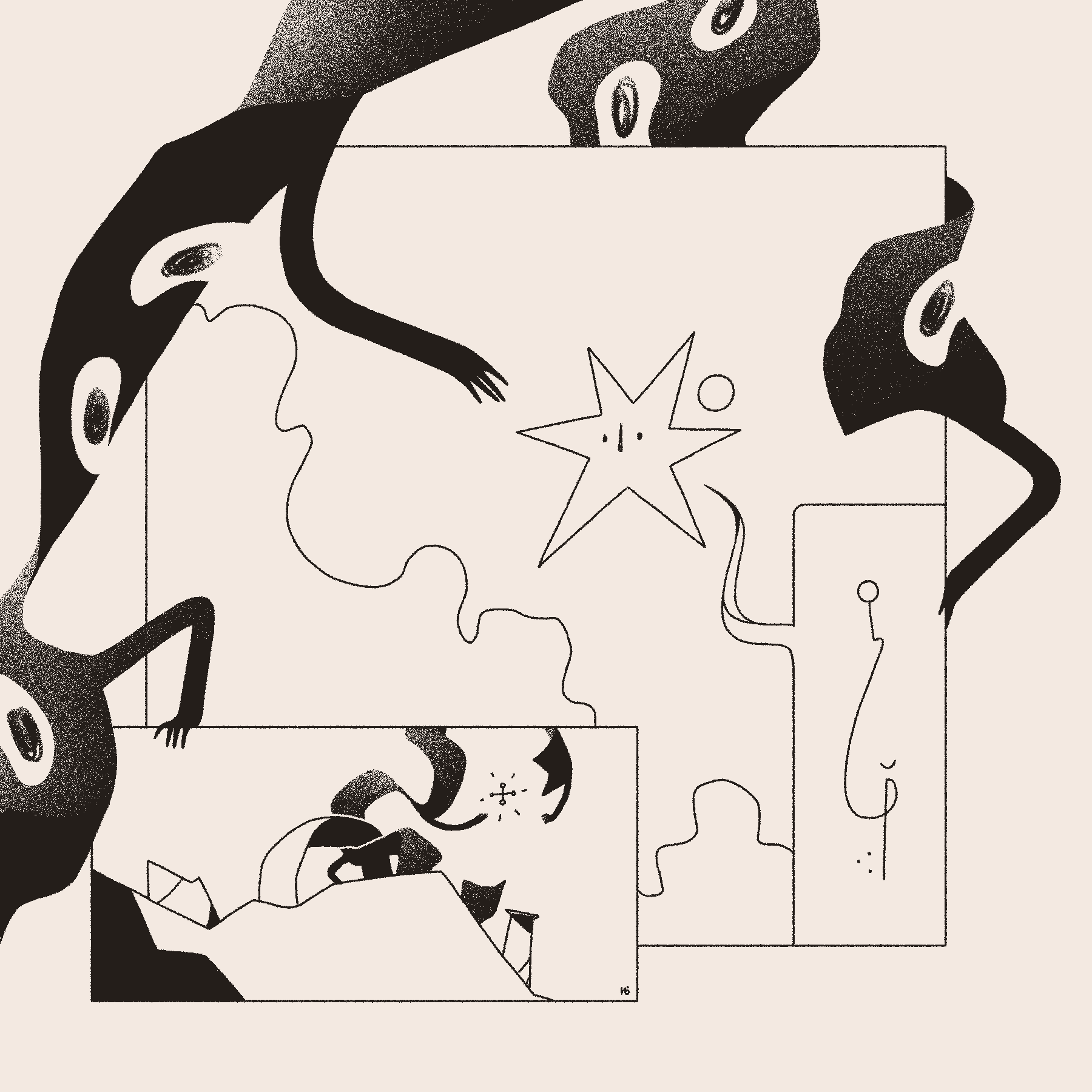 Two panels show a star-like entity delivering a message in an unknown script to a many-eyed, many-armed ribbon-like entity, then vanishing, leaving the ribbon-like entity floating among ruins.