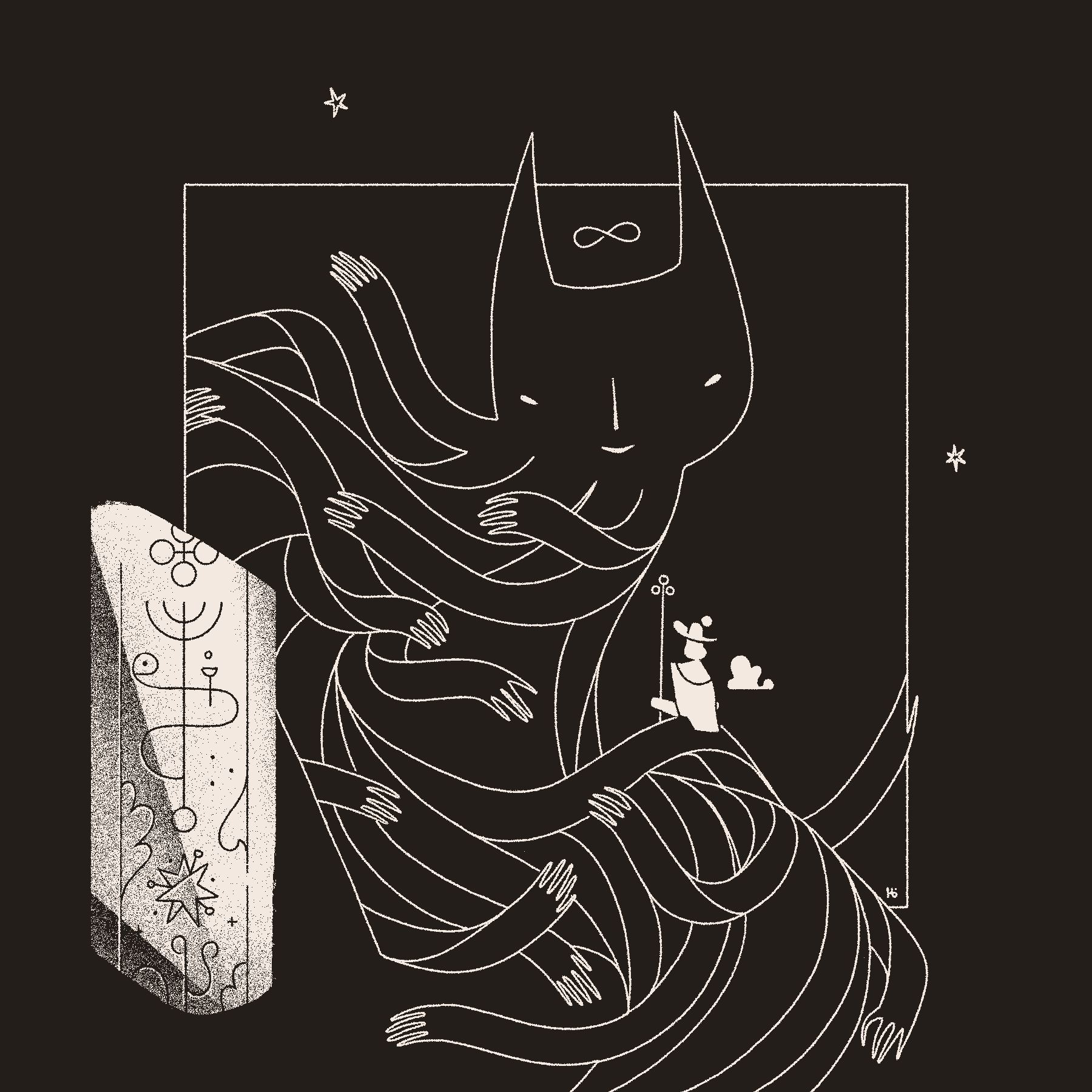 The magician Āyen questions a many-armed, horned entity. In the bottom left, the reader can see a close-up of the artifact in question.