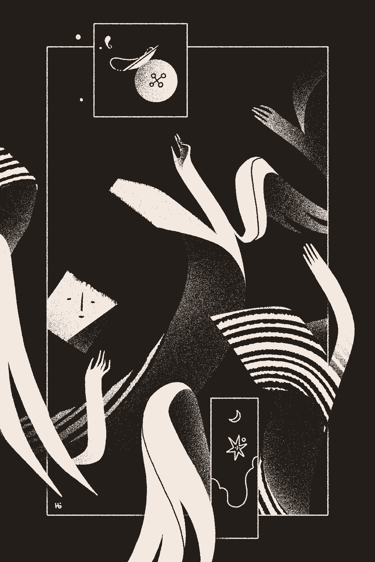 A ribbon-like entity with many arms and wings reaches upward to catch a falling jar that's spilling liquid. In an inset frame below, Āyen's avatar observes from a distance.