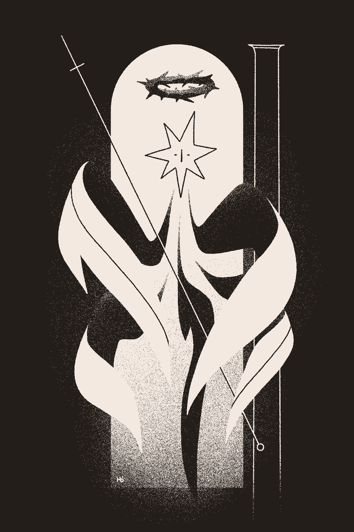 A five-winged star-like angel with a crown of thorns and a cross-like spear guards a tall archway and column.