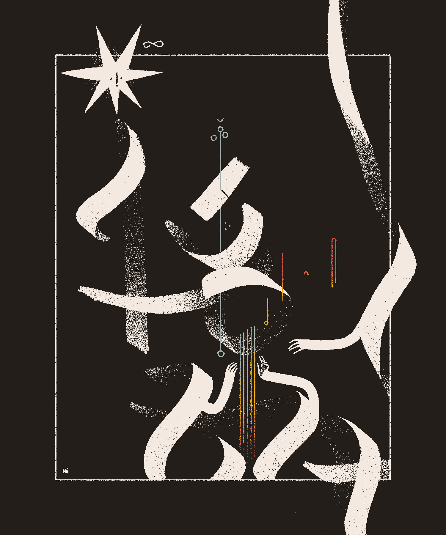 A magical, ribbon-like entity plucks rainbow strings and begins to assemble a sigil-like staff in the shape of Āyen's Cross.