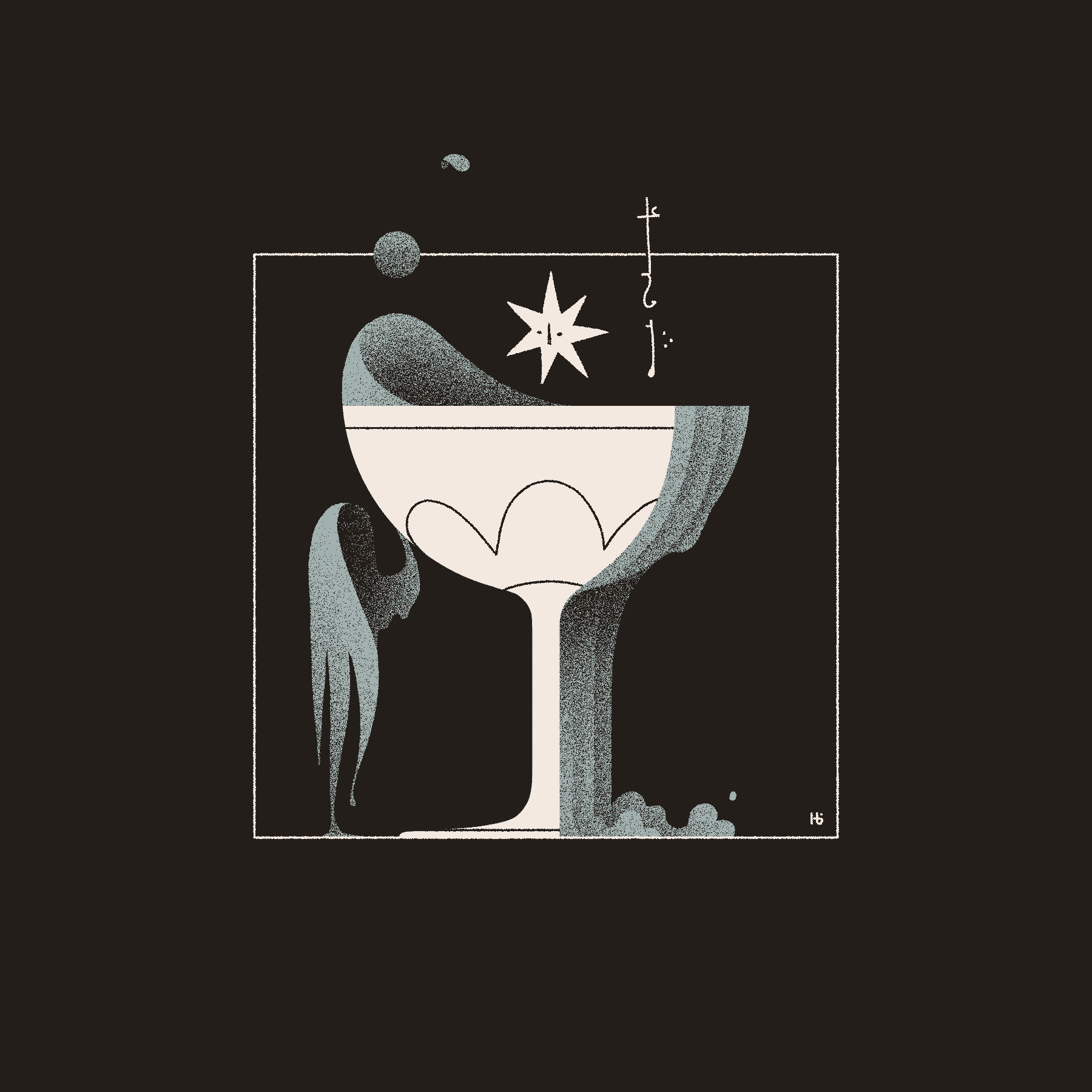 A white chalice overflows with water, some of it forming a wing. A star entity can be seen above, alongside some asemic text.