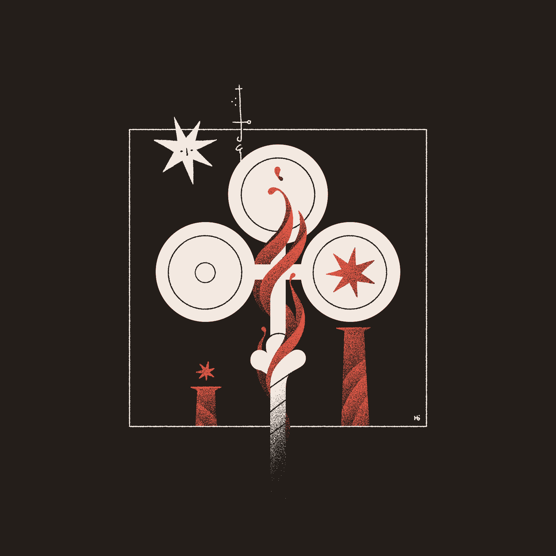 A white wand is wreathed in red flame and flanked by two columns. A star entity watches, alongside some asemic text.