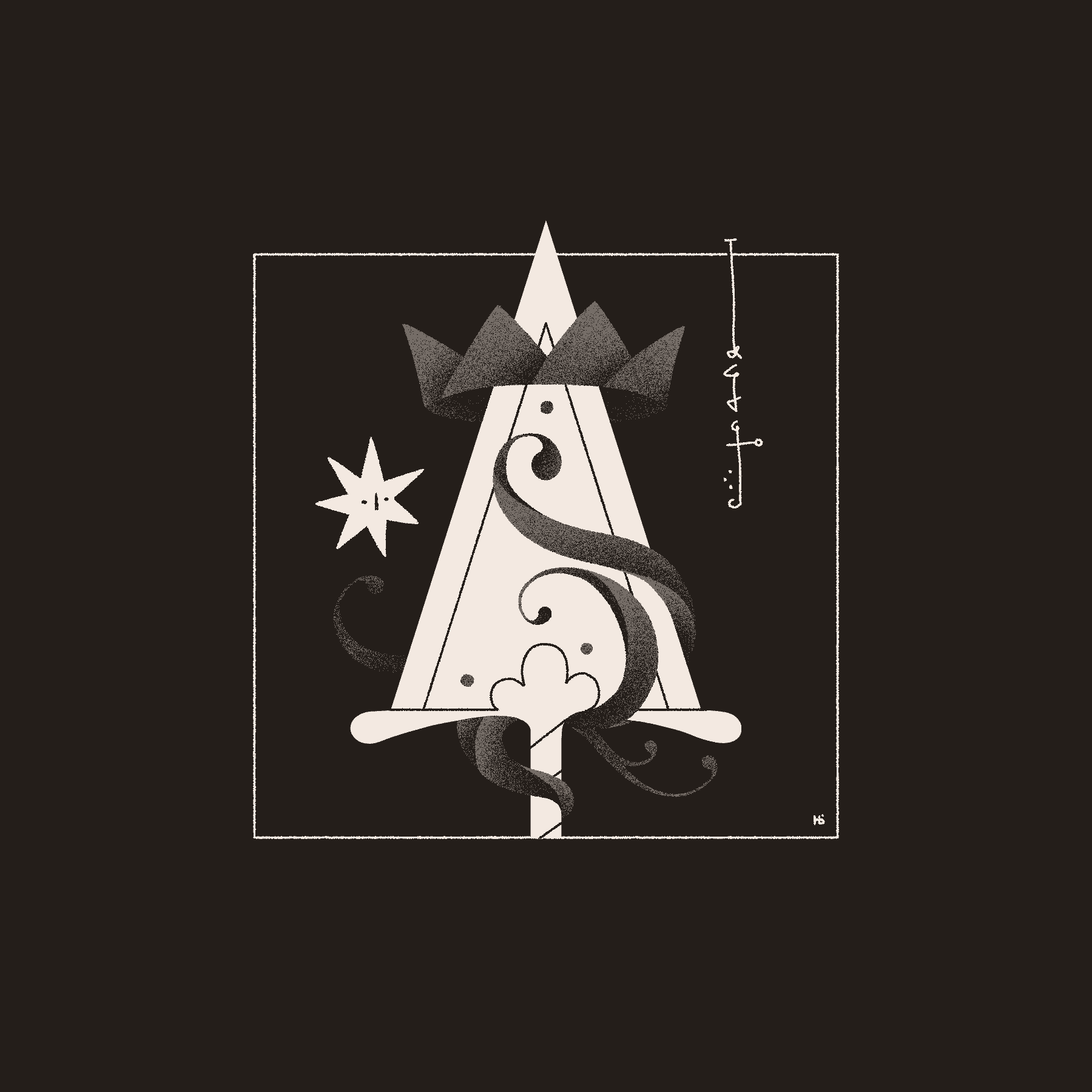 A white sword with a triangular blade thrusts upward through a gray crown, and gray swirls of magic surround it. A star entity watches on, alongside some asemic text.
