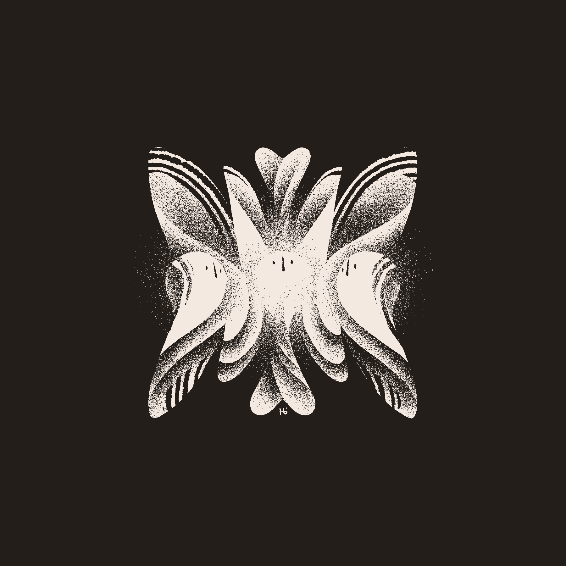An abstracted representation of the Merveilles logo that has an overall butterfly-like shape, with lots of folds and curves. The three circles in the center have faces added, and resemble three entities communing.