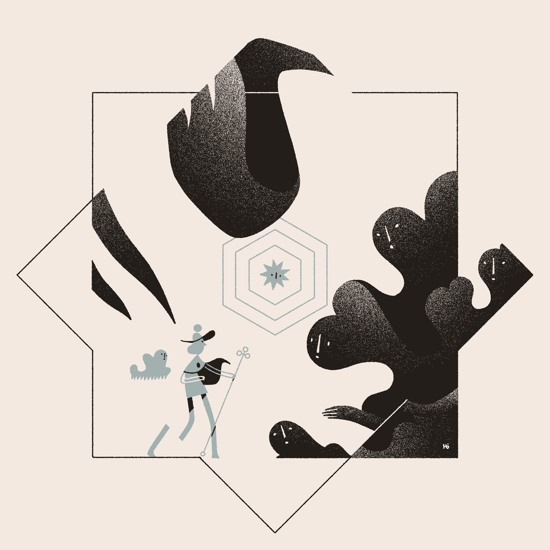 The Vessel reacts to a black, cloudlike entity, emanating hexagonal waves and warping space around it. Āyen and their familiar are caught off guard.