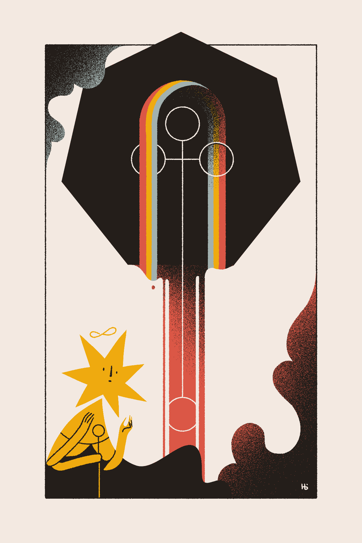 The cleric Ikurē has a vision of the Throne bleeding, superimposed by a rainbow and a cross-like shape — Āyen's Cross.