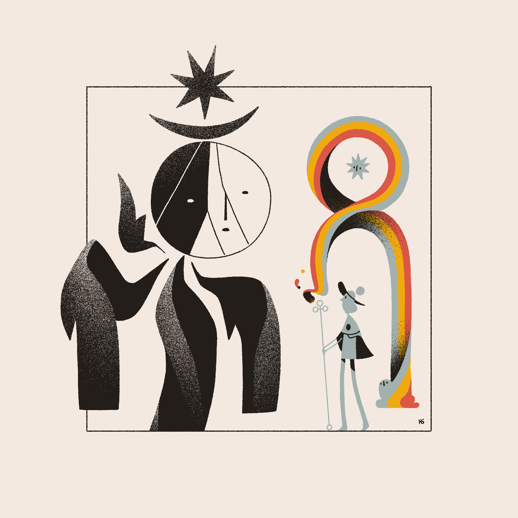The Inquirant Āyen holds the Vessel aloft using a rainbow of magic, while a fractured Herald inspects it carefully.