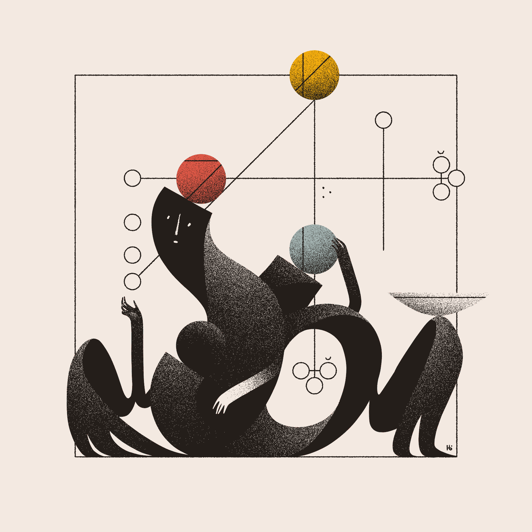 A three-armed, winged entity constructs a sigil that incorporates three spheres in blue, yellow, and red.