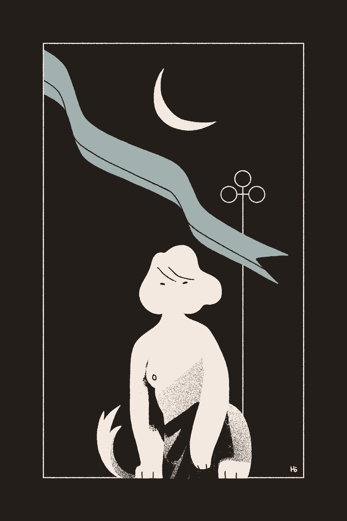 A white sphinx whose features are obscured faces the viewer in front of a blue banner, a cross-like sigil, and a crescent moon.