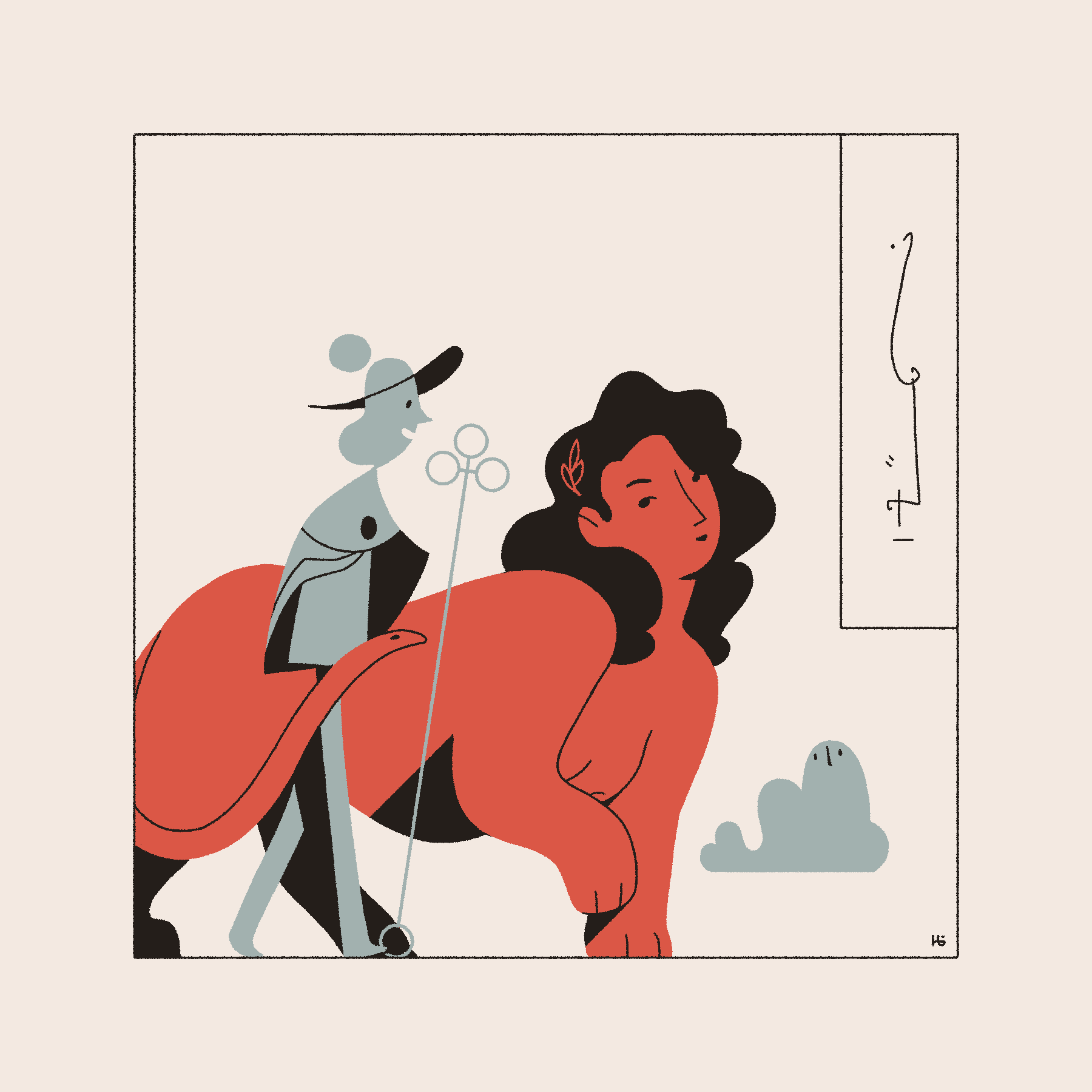 The red sphinx Telesipa walks alongside the blue magician Āyen and their familiar, both engaged in conversation. The frame includes some asemic text.