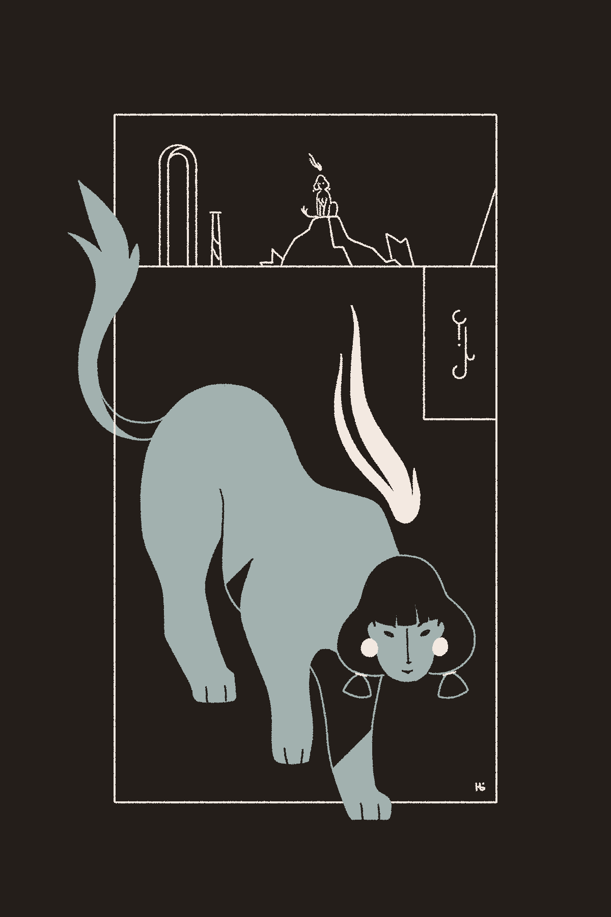 The frame is divided into two smaller panels. In the top, a sphinx near an archway and pillar spots the viewer. In the bottom, a blue sphinx descends toward the viewer with a malicious smile. A small panel of Wormrōte can be seen in the corner that reads 'Dēsa'.