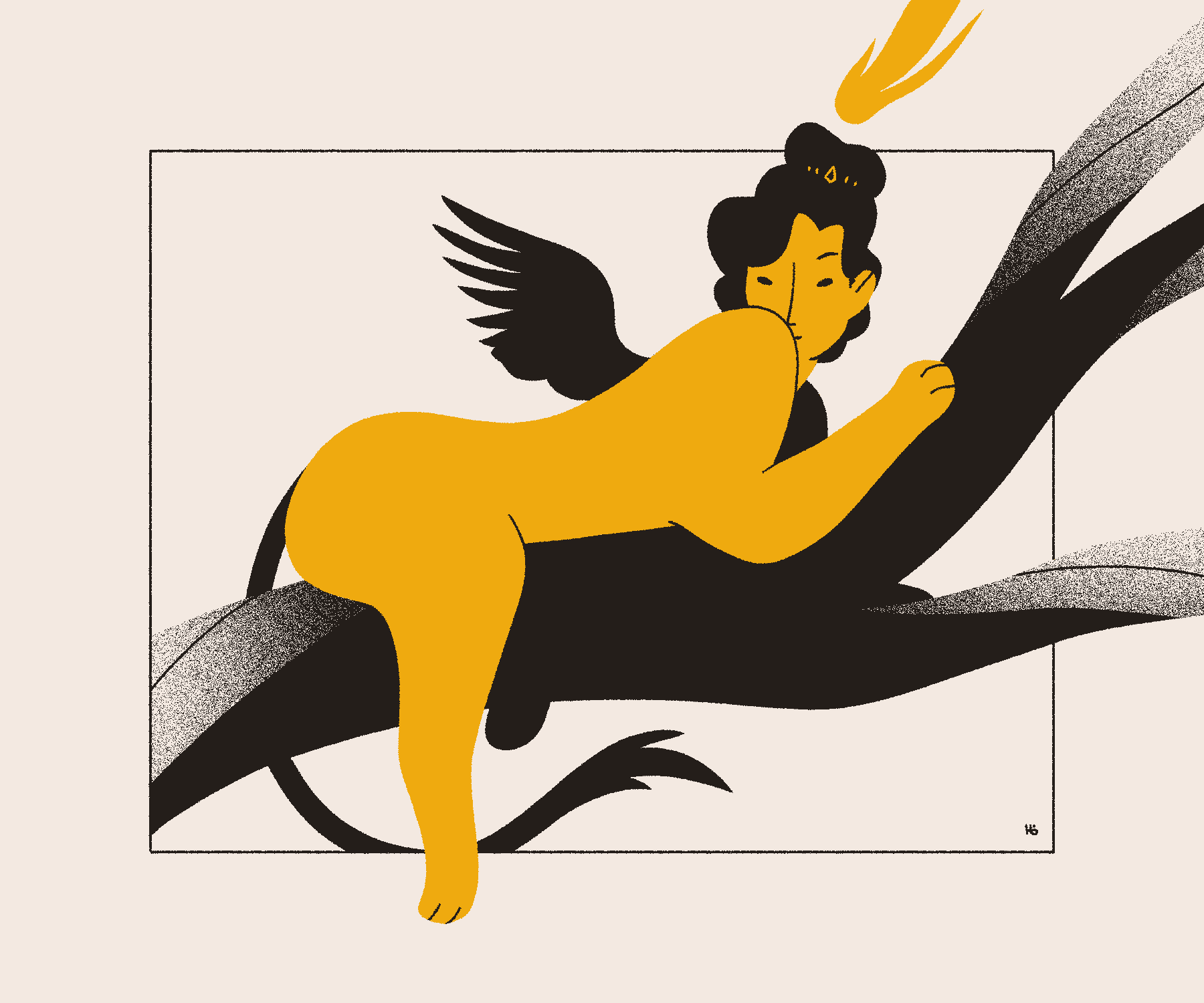 A golden, winged sphinx lounges on a tree branch, looking over her shoulder at the viewer.