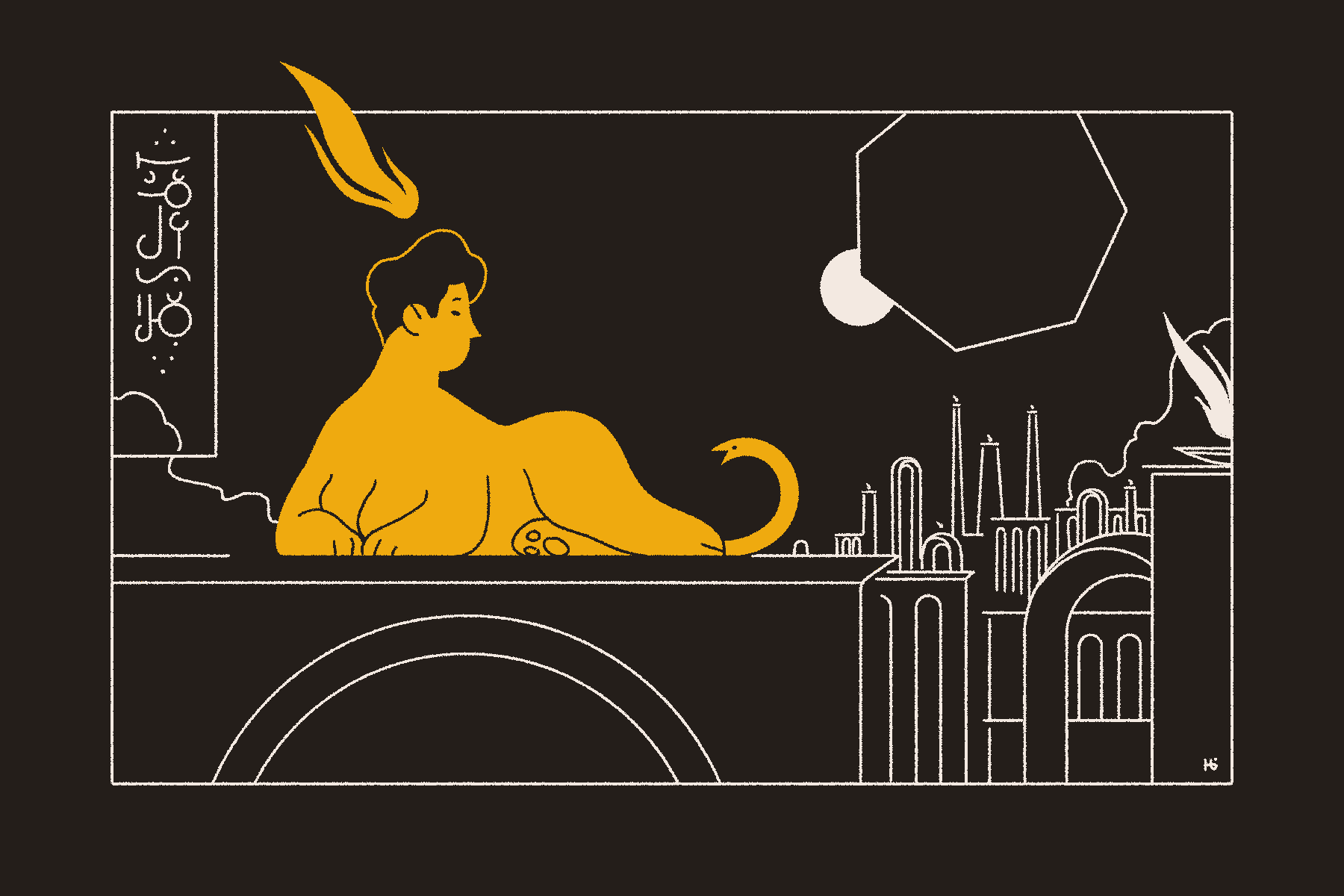 A golden sphinx with a snake tail lays upon an arch and looks out over a massive city of temples at night. The Throne is high above, eclipsing Mūn. Wormrōte in the upper left reads 'The Holy City of Tsherū'.
