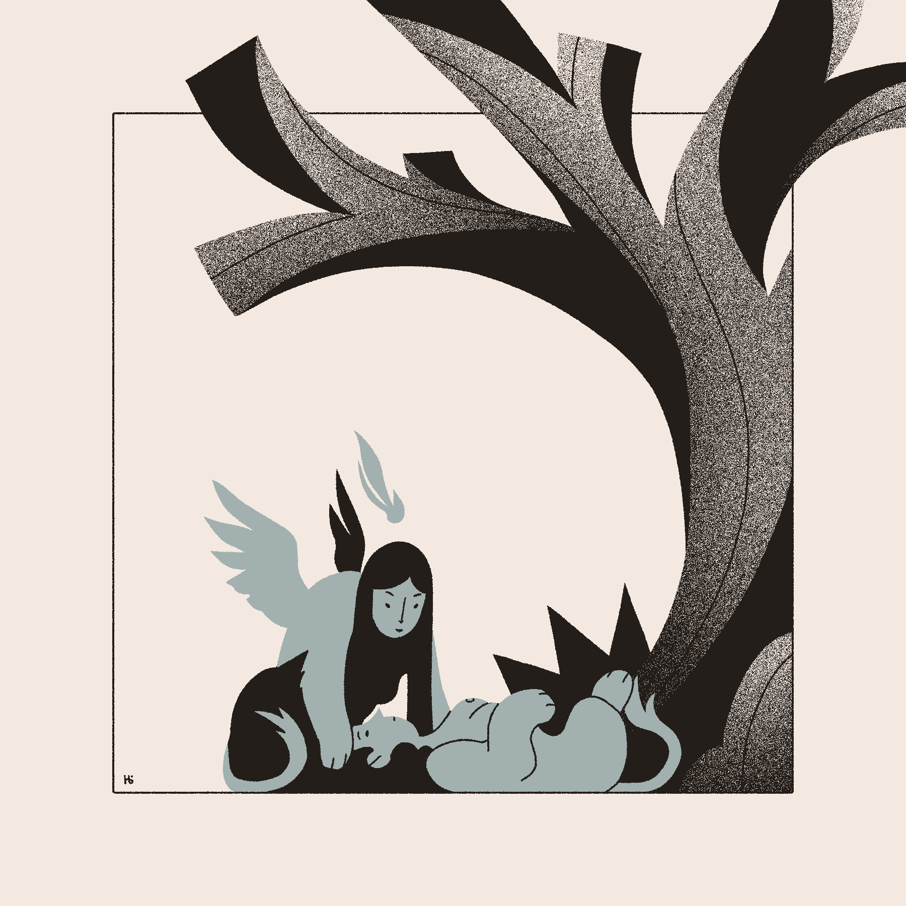 Two blue sphinxes, one winged, play beneath a leafless tree with blunt branches.