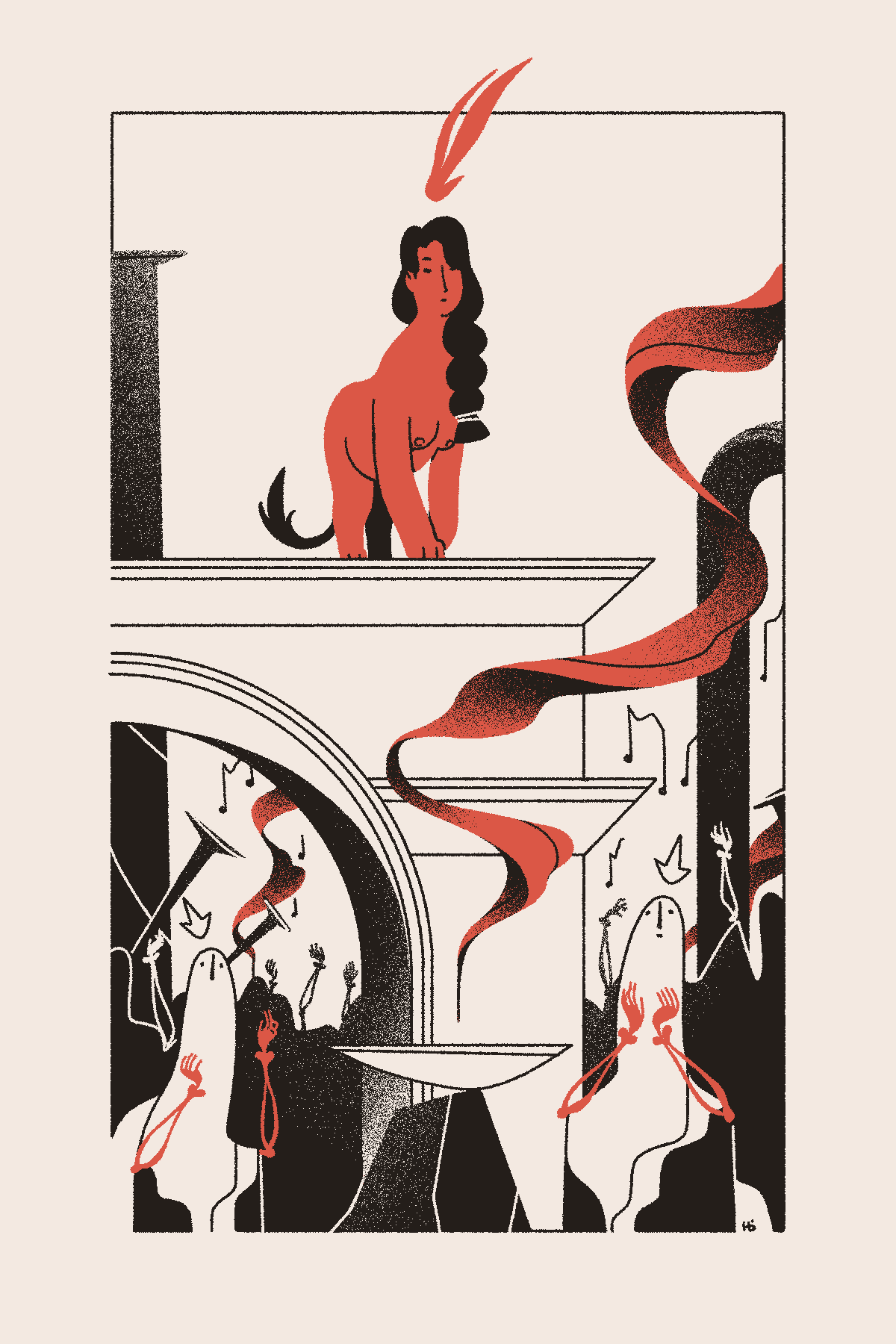 The red sphinx Athis stands upon an archway, looking out over a cacophany of skeletal saints, incense, horns, and music.