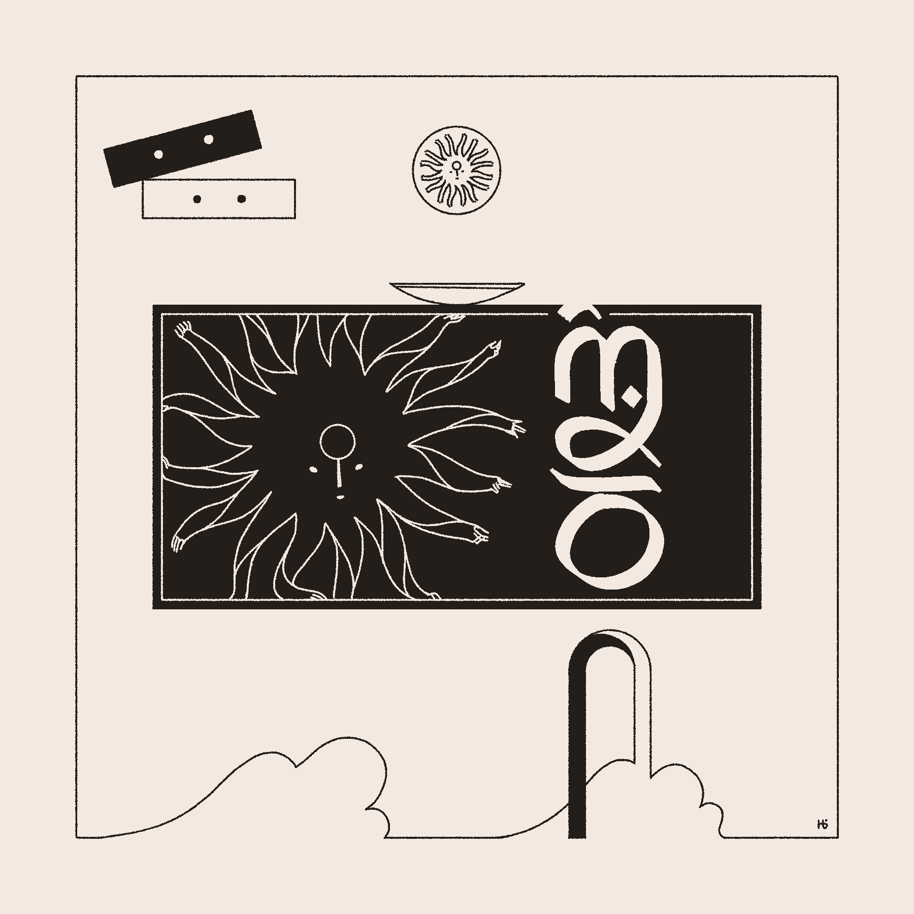 Two dice - one black, one white, but both bearing a two, lay near a coin showing the sun. All are above a wide, black card showing Ūn and the word 'favorable' in Wormrōte. Below them is an archway and wind.