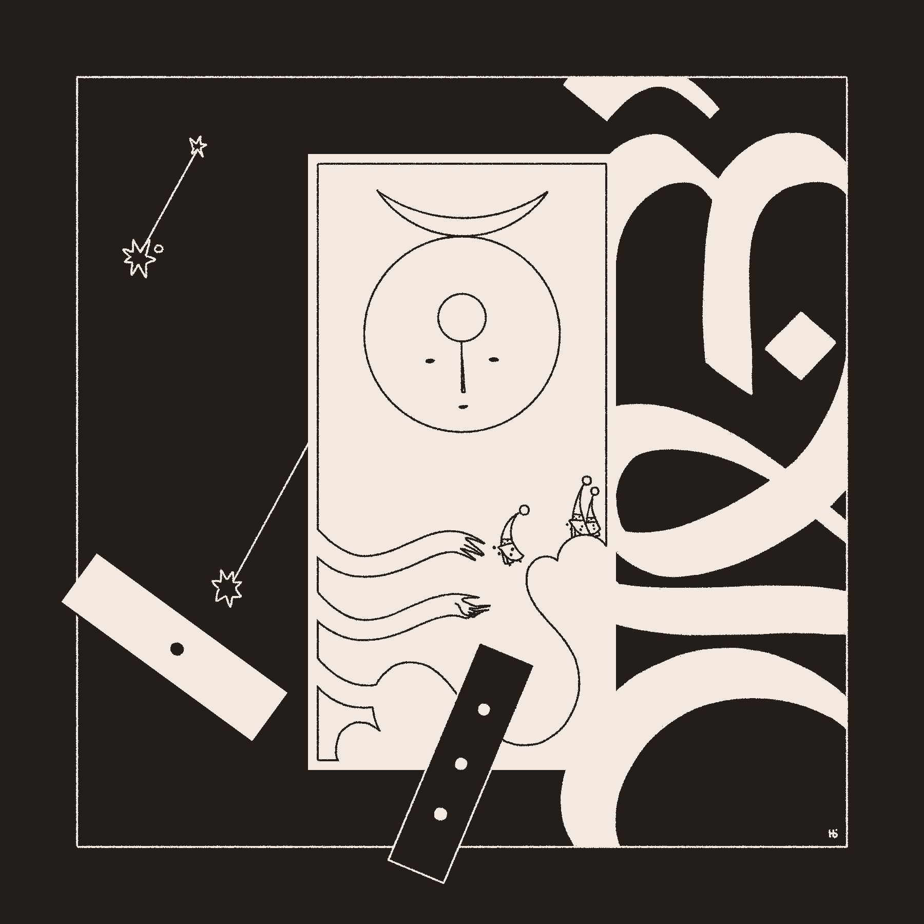 Two dice - one black bearing a three, and another white bearing a one, lay in front of a white panel with Mūn and three Nōmes. One has taken a leap toward an outstretched hand, while a second hand lies below to catch them. To the right, the word 'favorable' is written in Wormrōte.