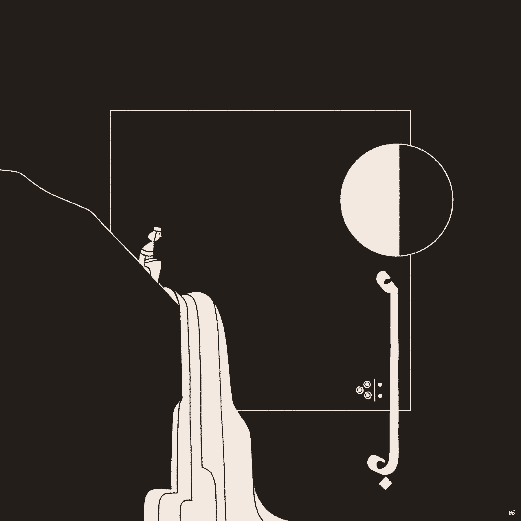 A figure sits and gazes out over a waterfall. Behind them is a panel, and on the other side the panel is a circle divided into black and white halves, text reading 'ease' in Wormrōte, and a grouping of five small circles divided into three on the left and two on the right.
