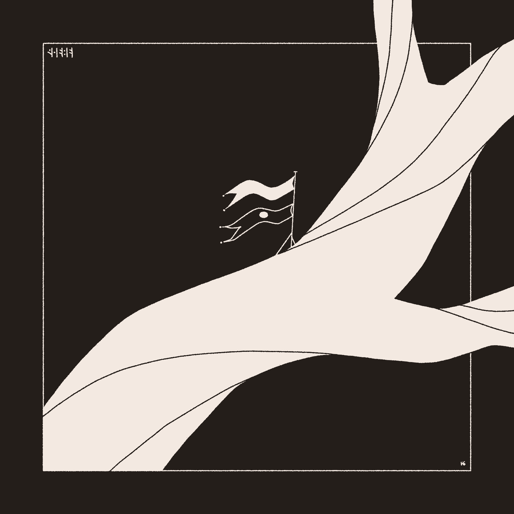 Two small flags are hoisted on a tree branch. The upper is blank and white, and the lower is black with one white dot. In the upper left corner is the word 'struggle' in Nōr.