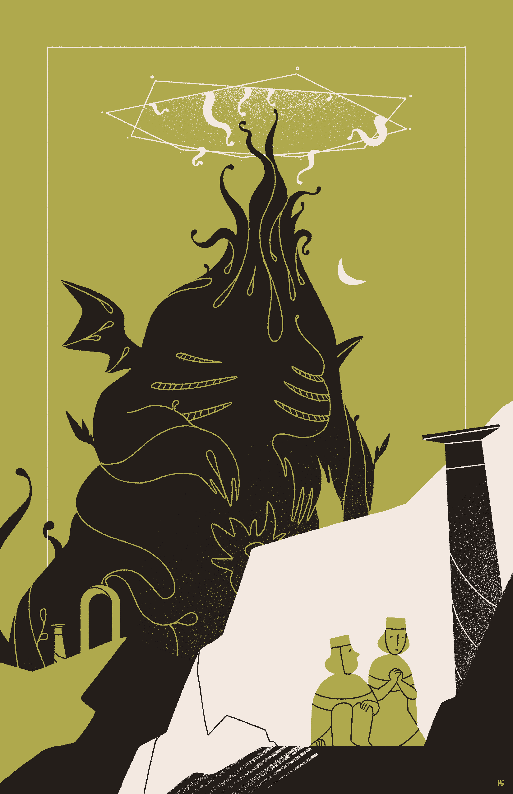 Two seekers kneel, hiding behind a rock and praying, as a very abstract, mountain-like Cthulhu with a tentacled star-like halo in the background has noticed them.