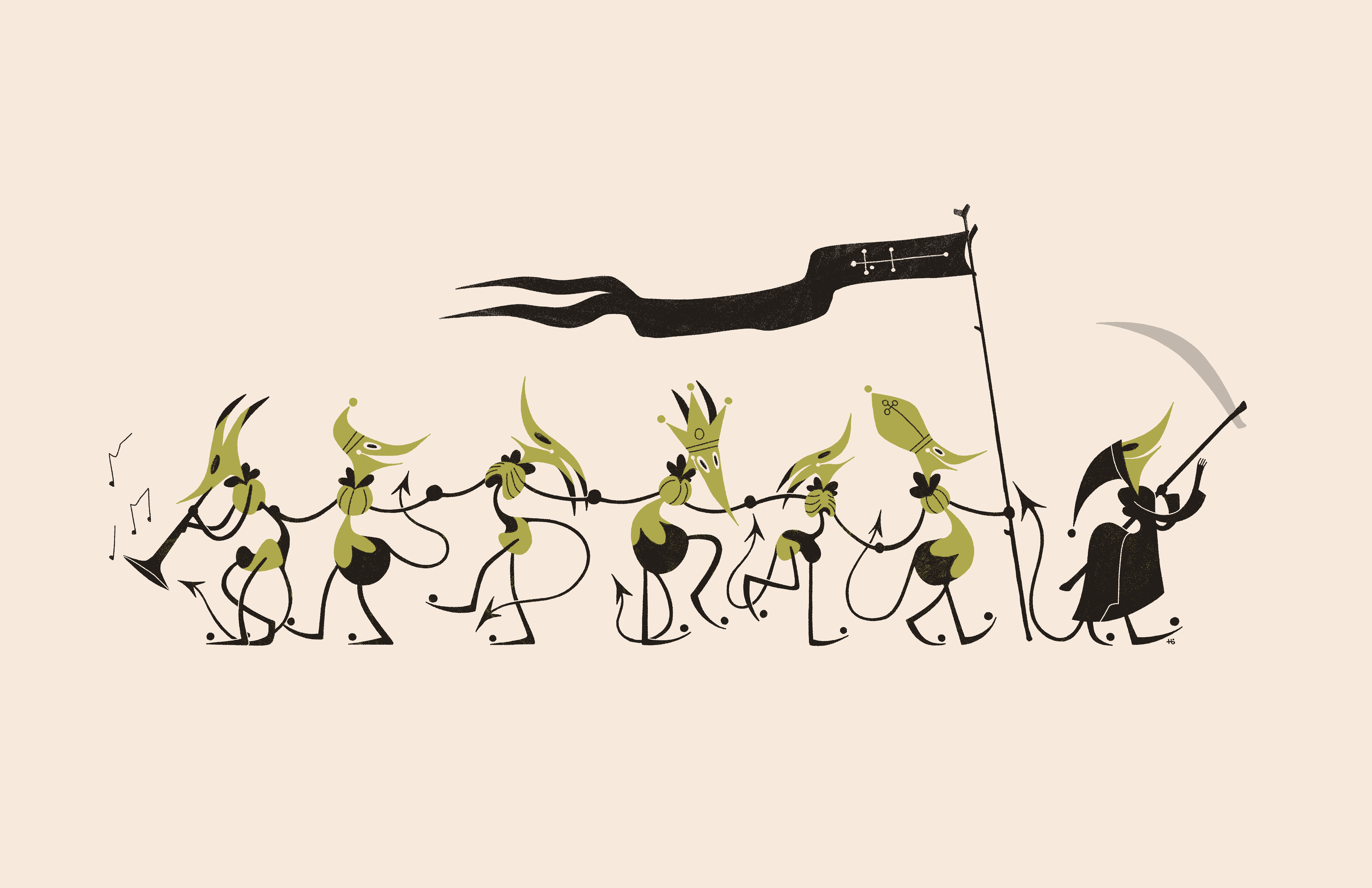 Seven green goblins recreate the Danse Macabre, with Death in the lead. Behind them are three skeletal goblins, and three others wearing the hats of a pope, a king, and a laborer. The first behind Death holds aloft a flag while the last plays a horn.