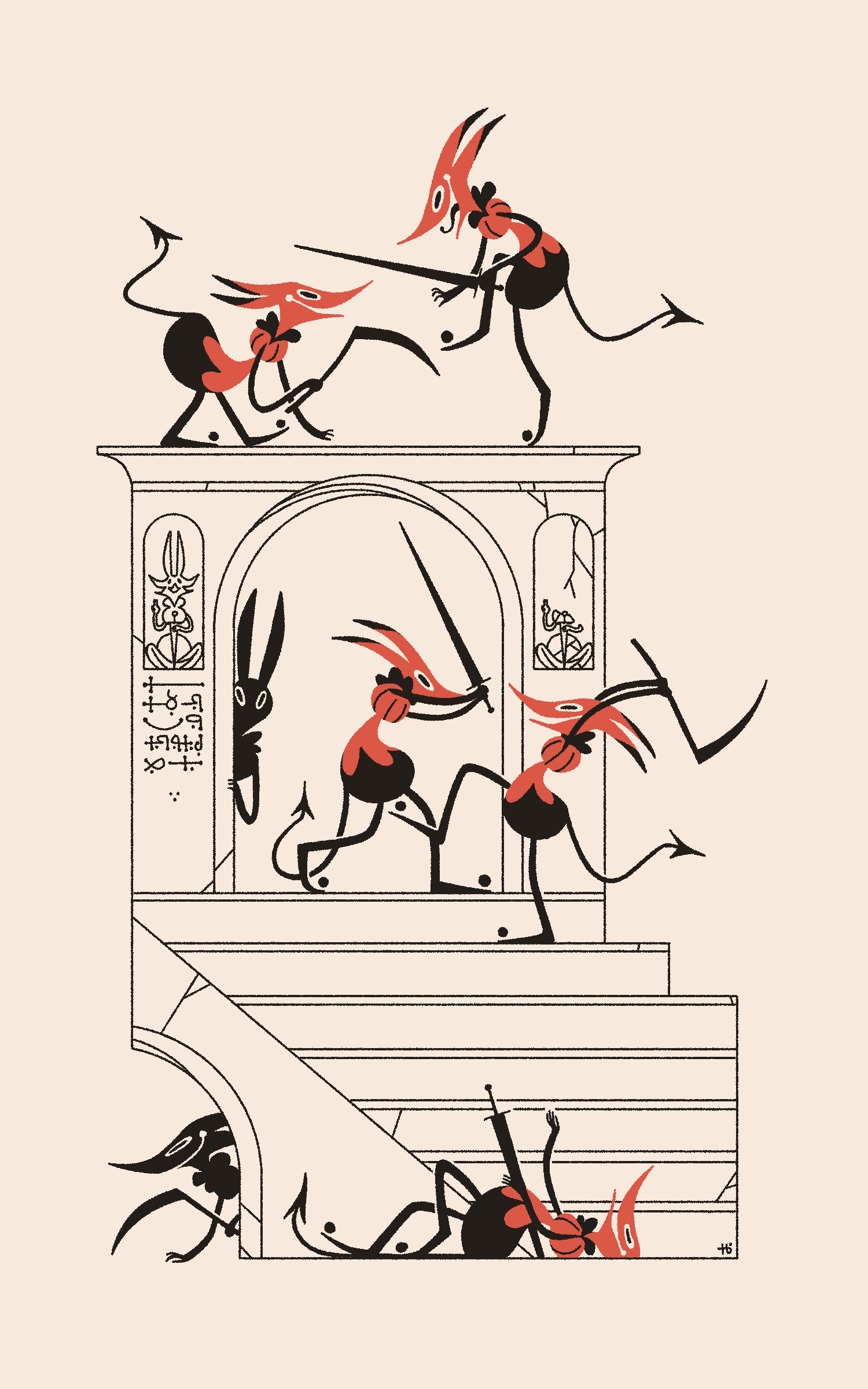 Seven red goblins fight one another with swords and scythes around a staircase and archway in ruins. Wormrōte on an archway reads 'The Three-in-One demands blood'.