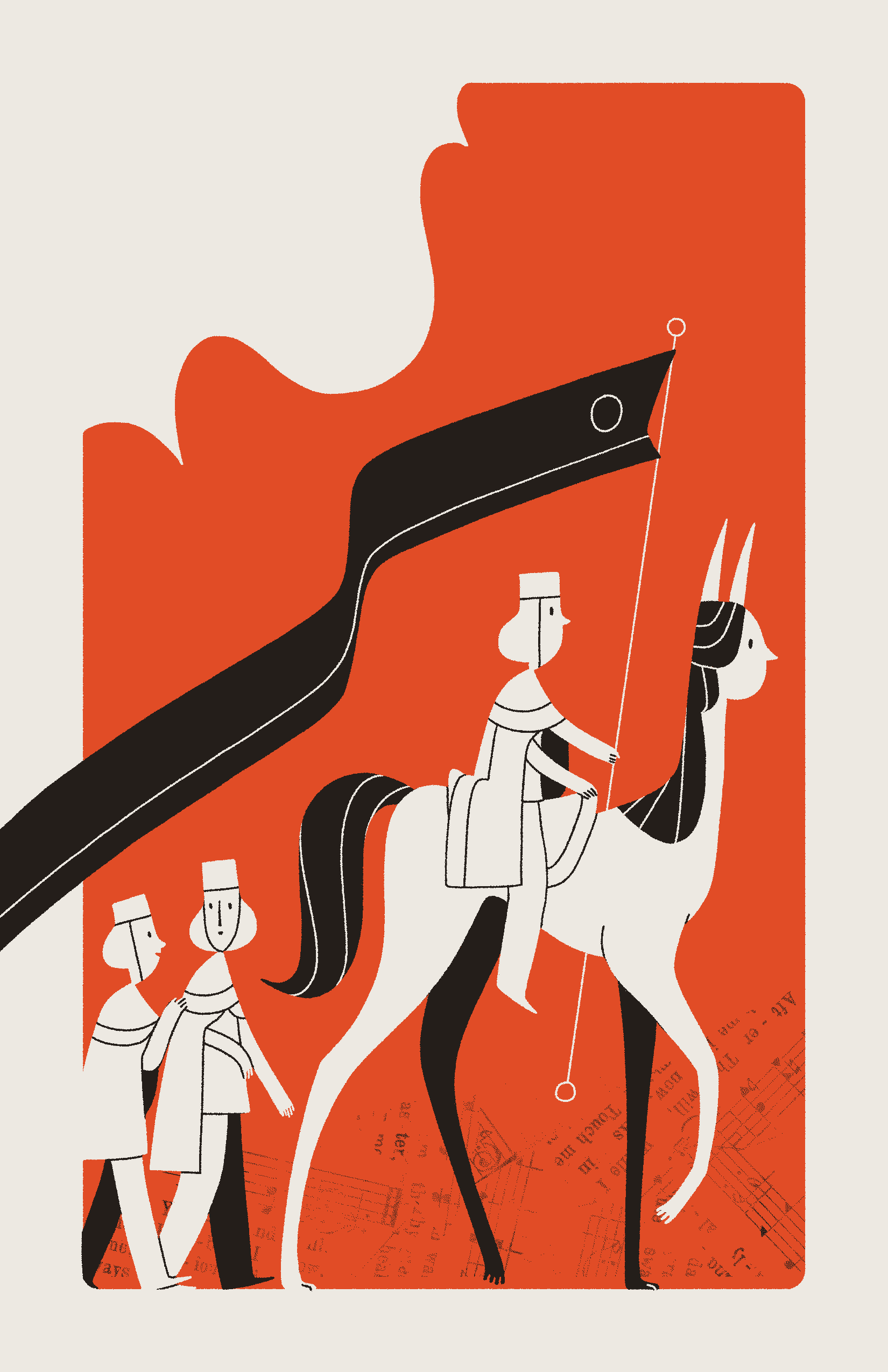 A Seeker rides a human-faced horse while carrying a long, black banner. Two other Seekers follow behind on foot, conversing. The background is a field of red with some collaged sheet music throughout.