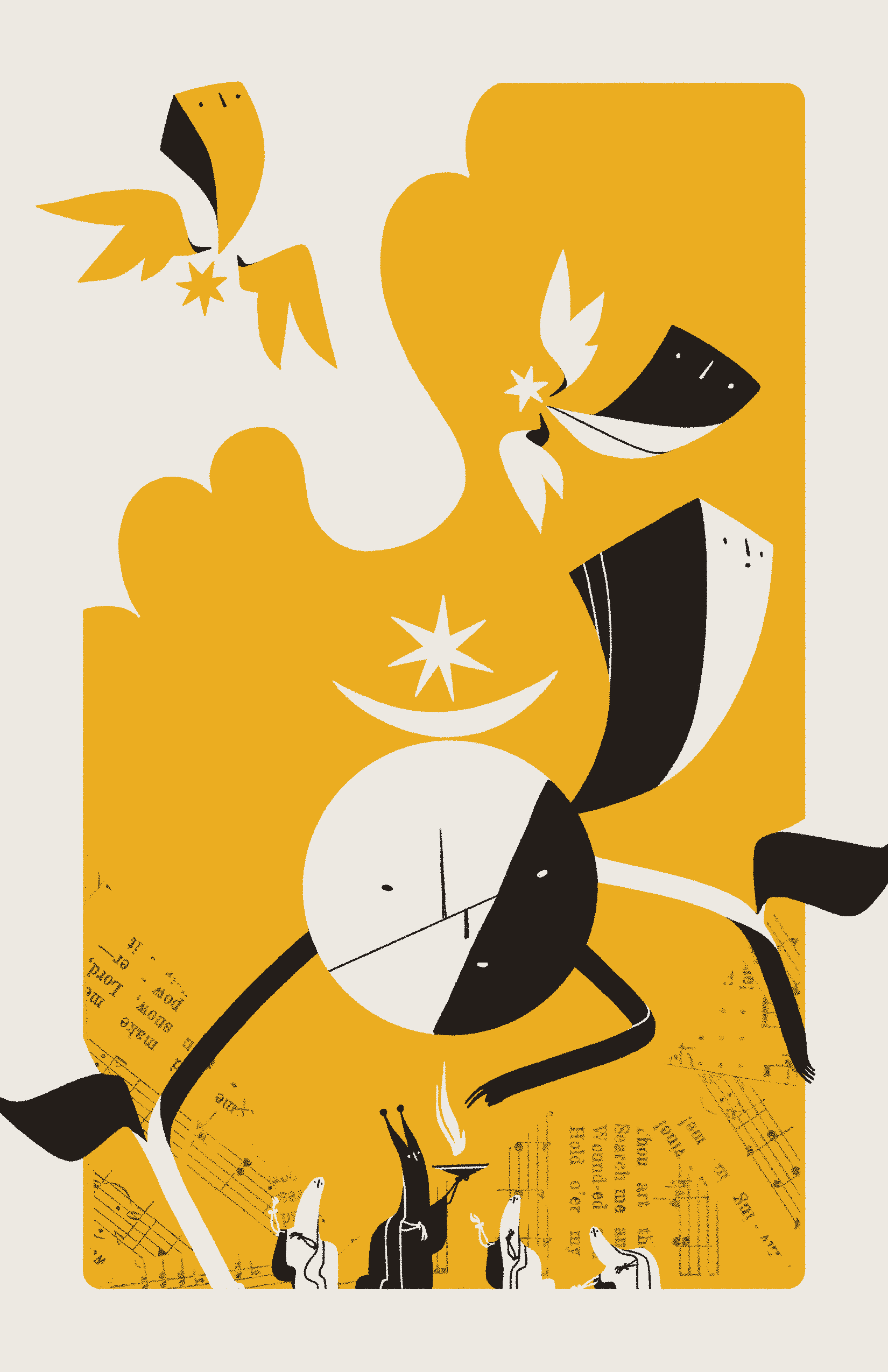 A jester-like Hierophant and their entourage of Saints call down a Herald — an abstract entity with a face like a broken mirror, crowned with a moon and star, and followed by smaller shard-like being with wings.