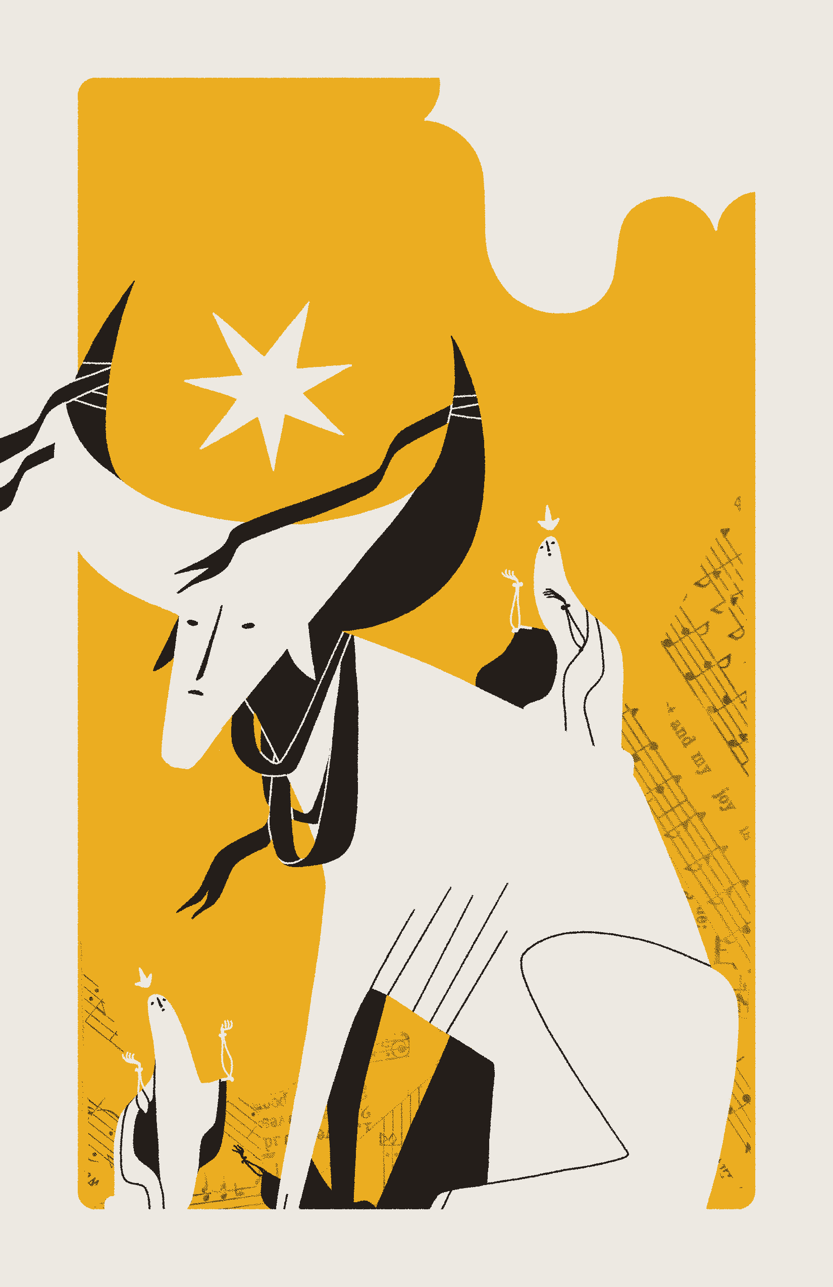 A massive, emaciated, human-faced bull is attended upon and worshipped by ghost-like saints.