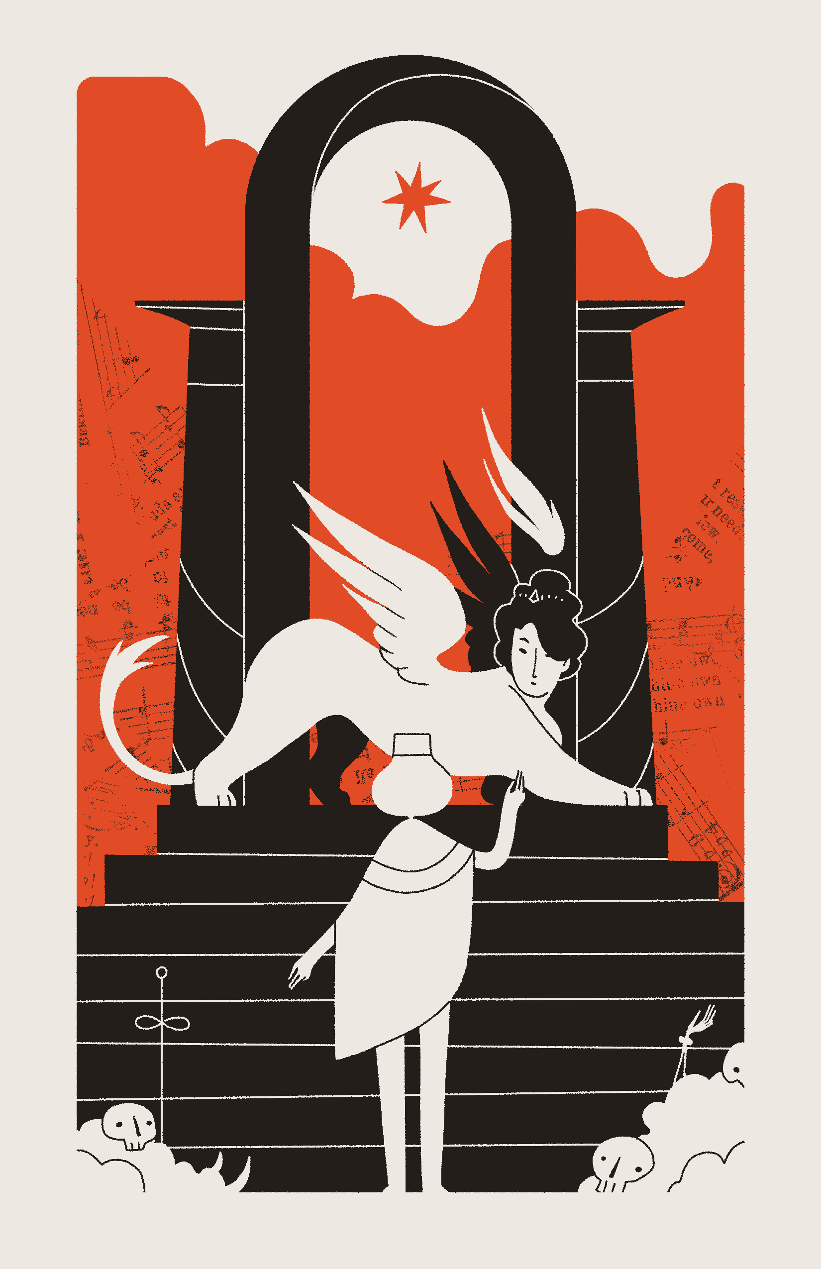 Skulls and debris line the stairs leading toward an archway. A sphinx stretches, blocking passage through the threshold as she looks down upon a traveler.
