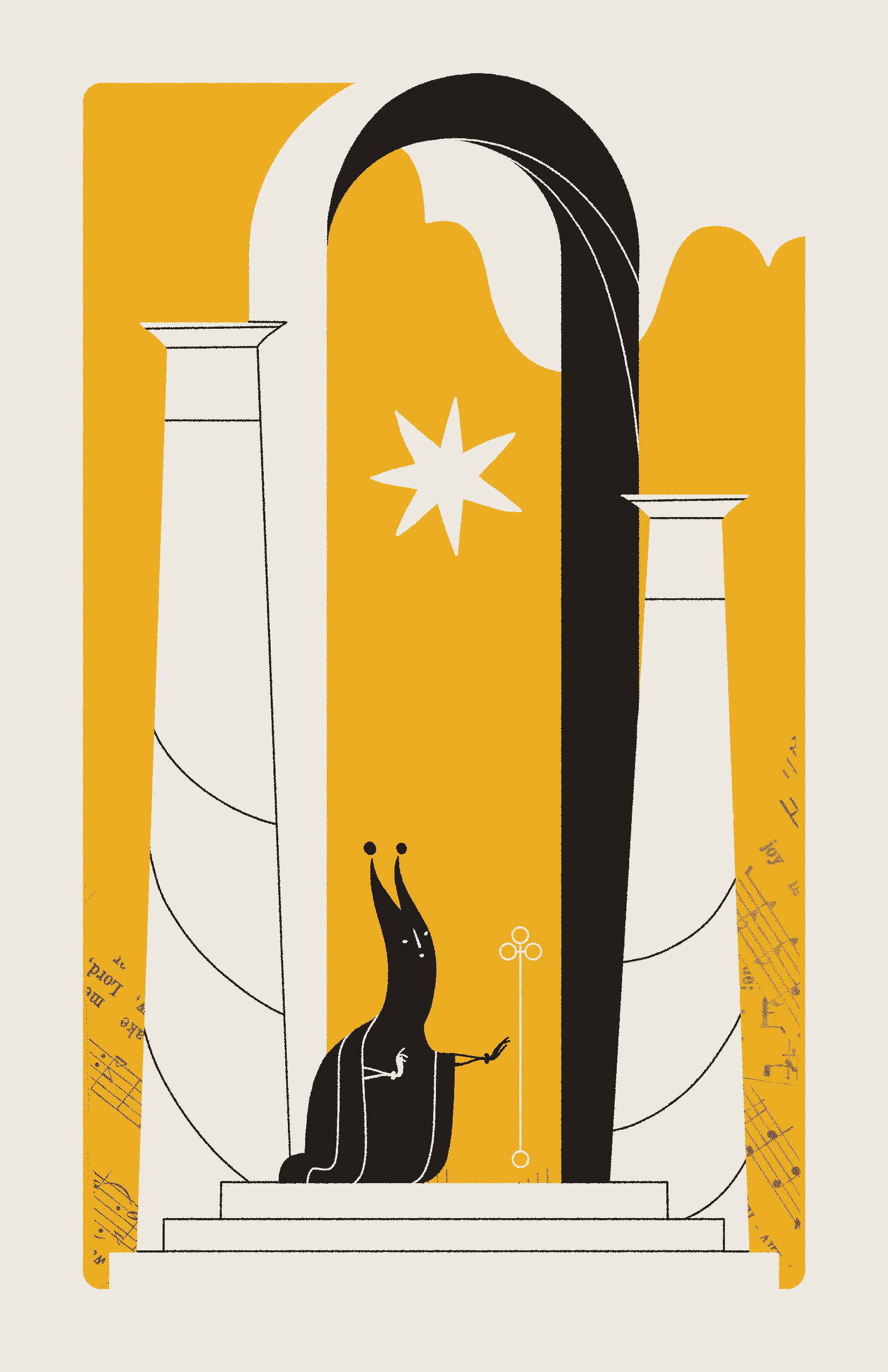 A jester-like Hierophant stands within an archway and slowly reaches for a cross-like sigil.