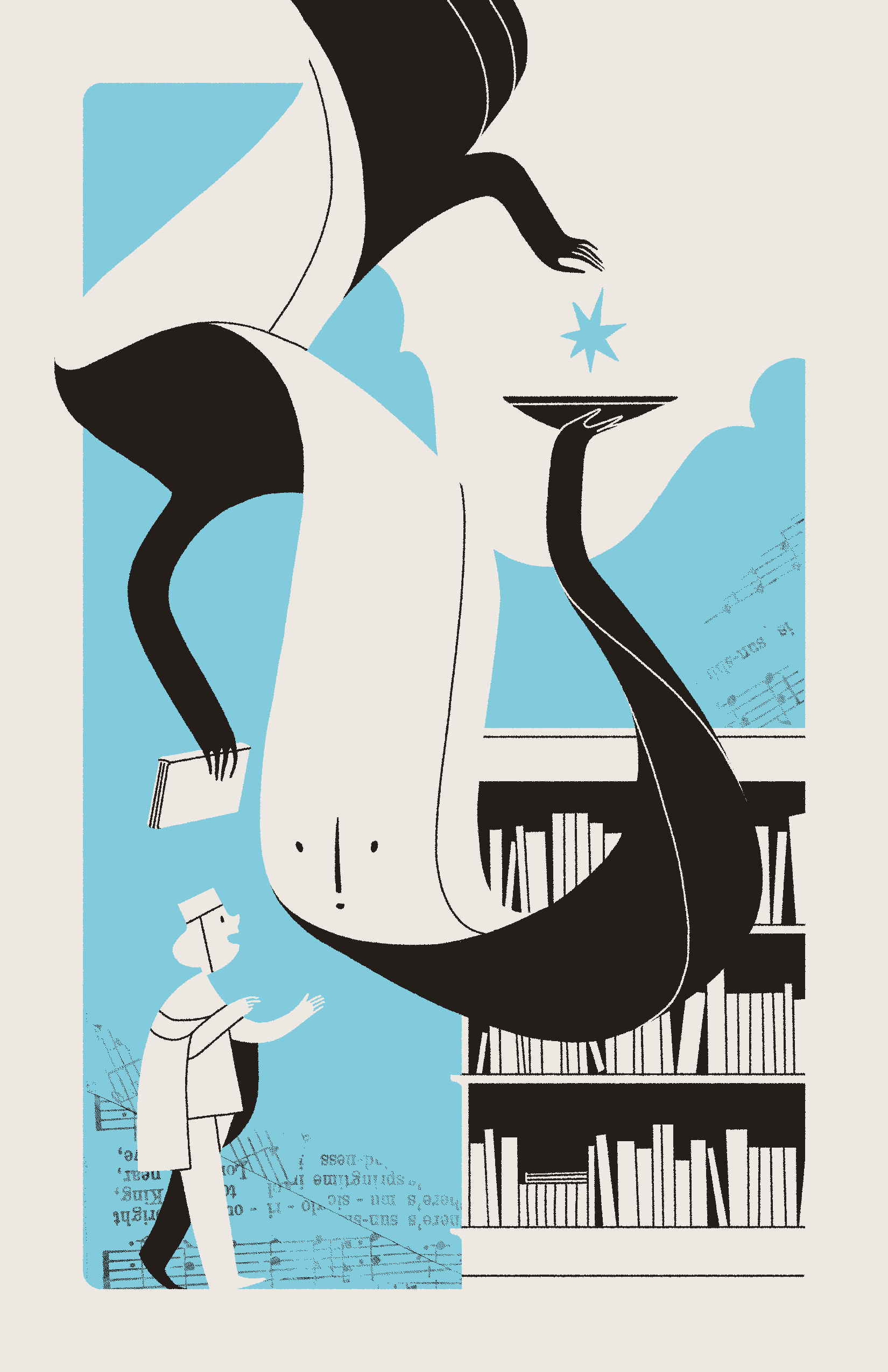 A ribbon-like Kīrolisk guides a Seeker through the library. While conversing, the Librarian carrys a book and an offering bowl with a star above it.
