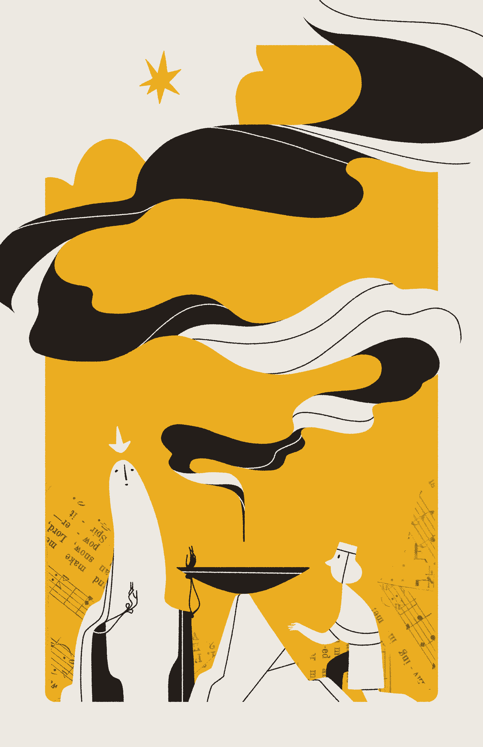 A ghost-like Saint and a Seeker gather around an offering bowl. Incense smoke rises from the bowl in waves and fills the composition.