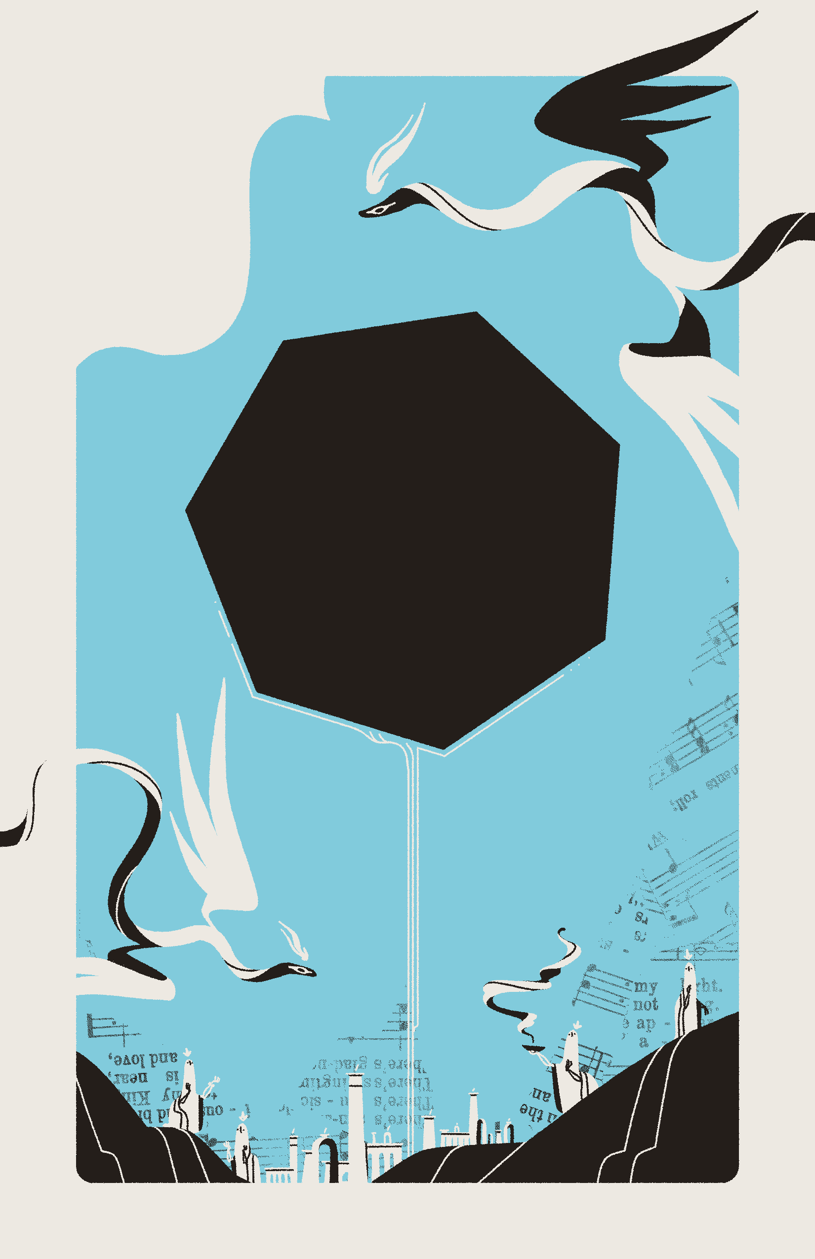 A massive heptagonal void hovers above a city, and two winged serpents fly around it. The hills outside the city are dotted with ghost-like saints who raise offerings to the mysterious shape.