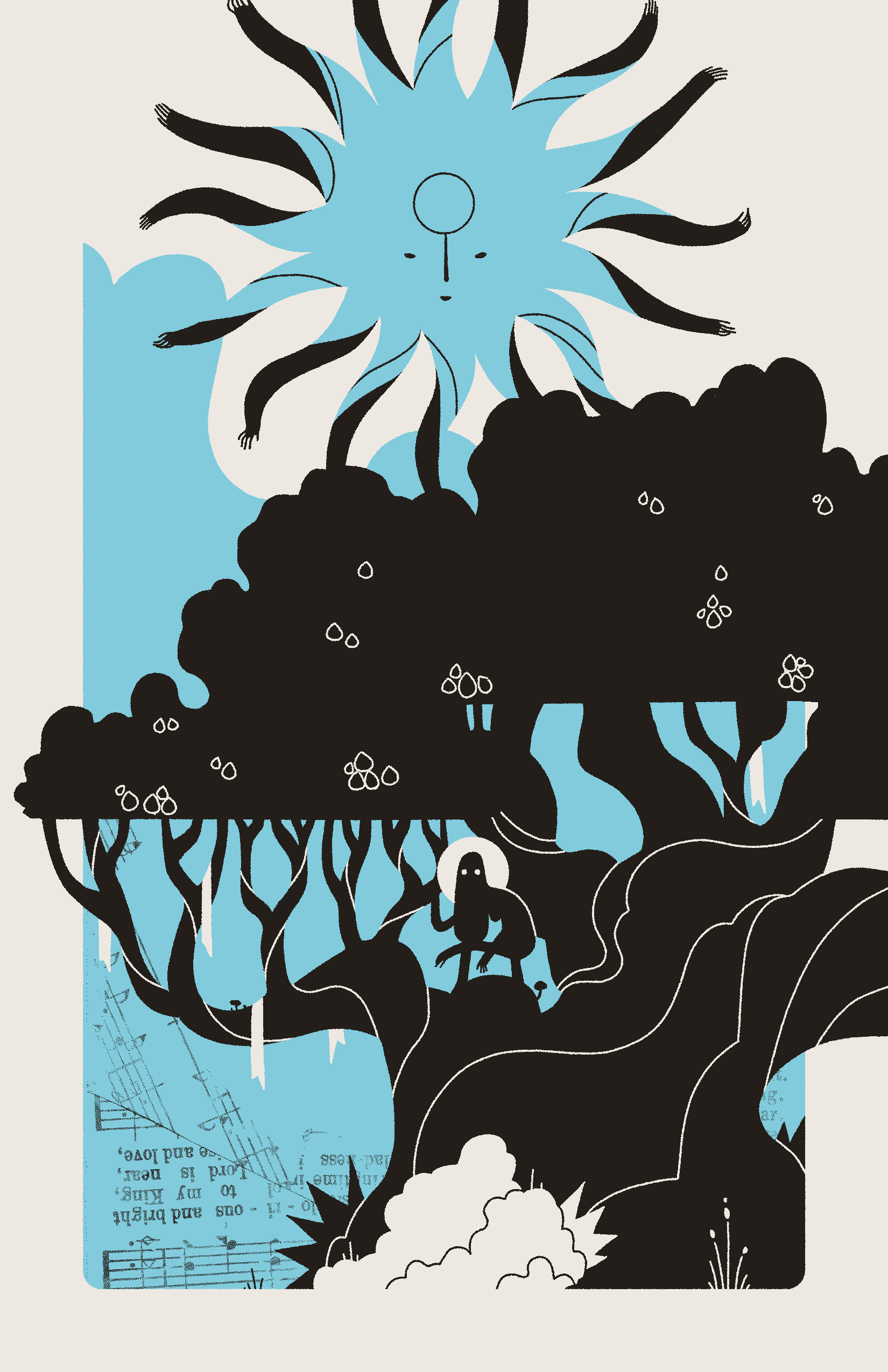 A haloed figure crouches among the branches of a thick, overgrown tree. The branches are full of fruit, and the figure gazes at the viewer with wide, reflective eyes. A many-armed sun observes the scene.
