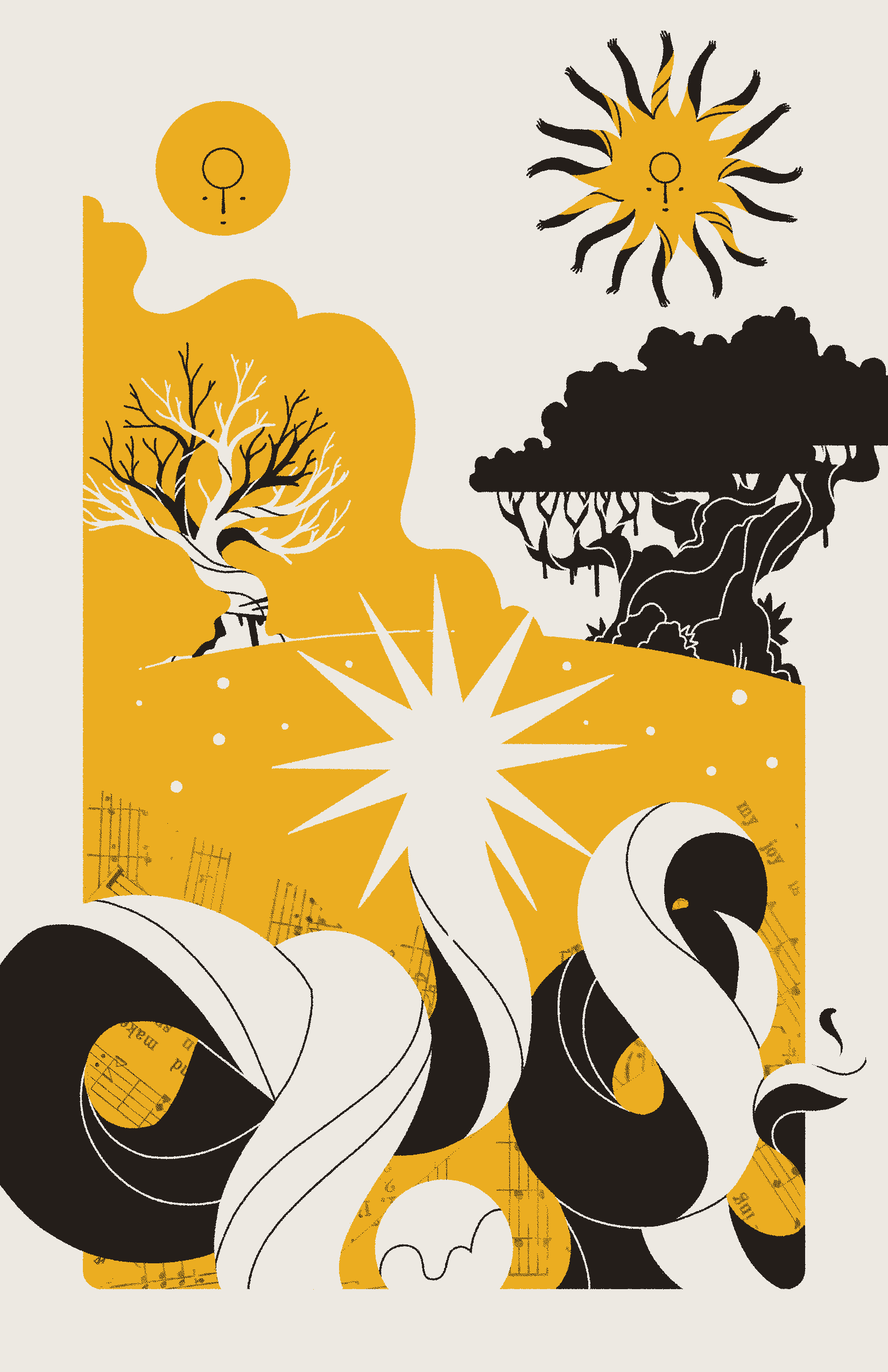Two trees, one barren and one lush, stand beneath the goddesses of the moon and sun. Below them both, a massive star-headed worm sleeps, tangled upon itself.
