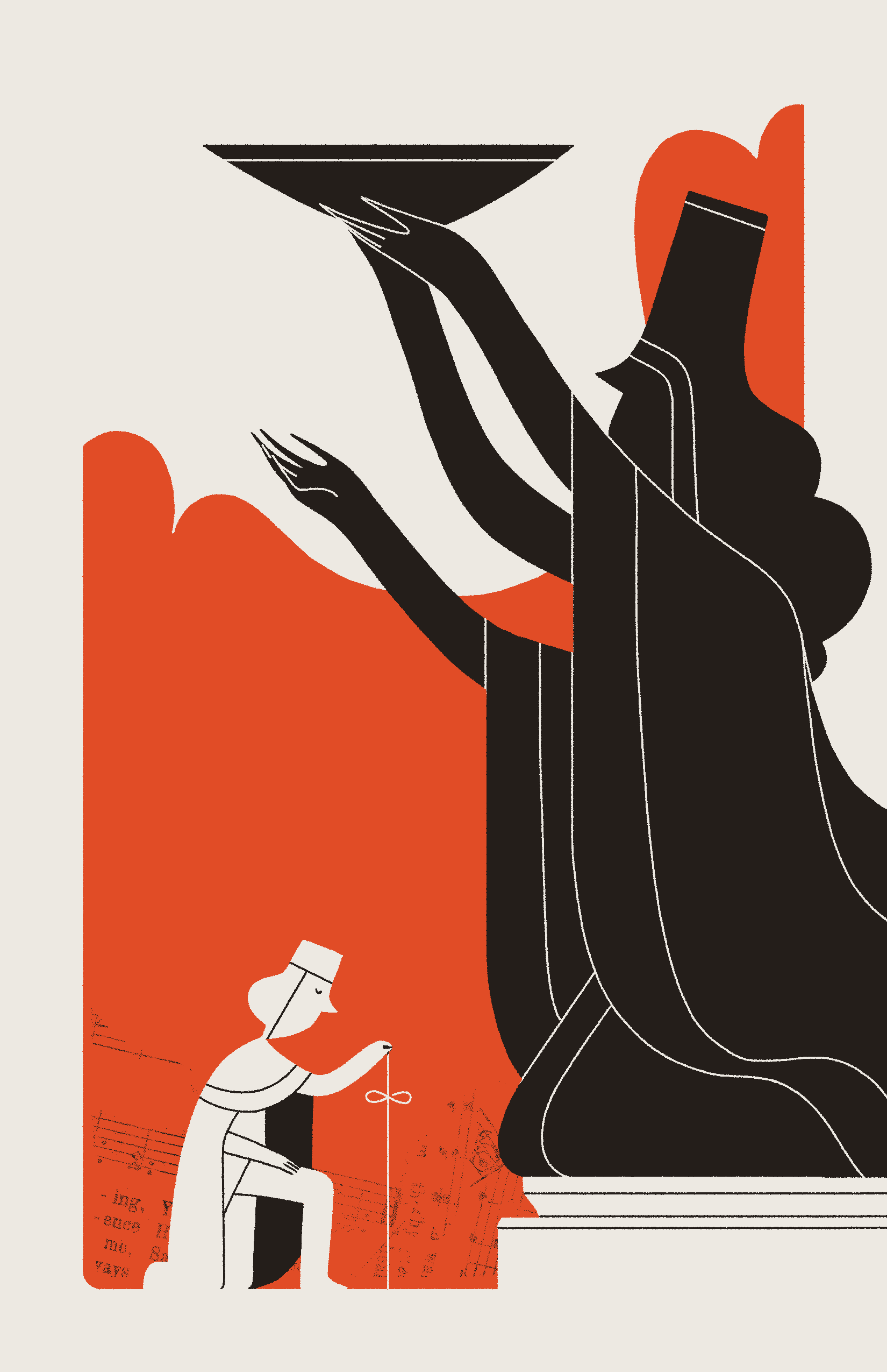 A figure kneels below a large statue of a blind priestess. She holds an offering bowl aloft with three hands.