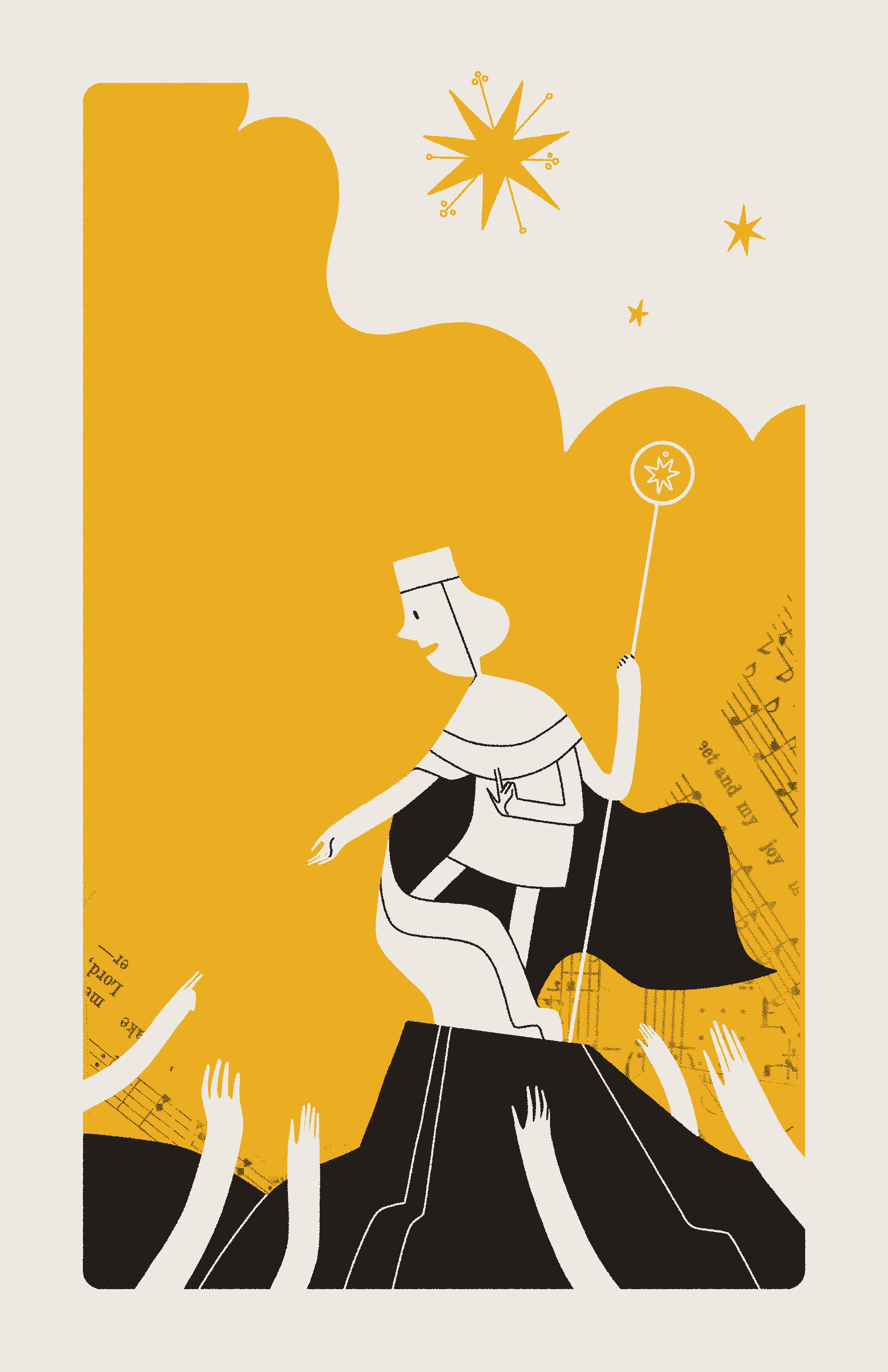 A smiling, three-armed figure kneels and reaches down toward many raised hands. A star bound with sigils can be seen in the background.