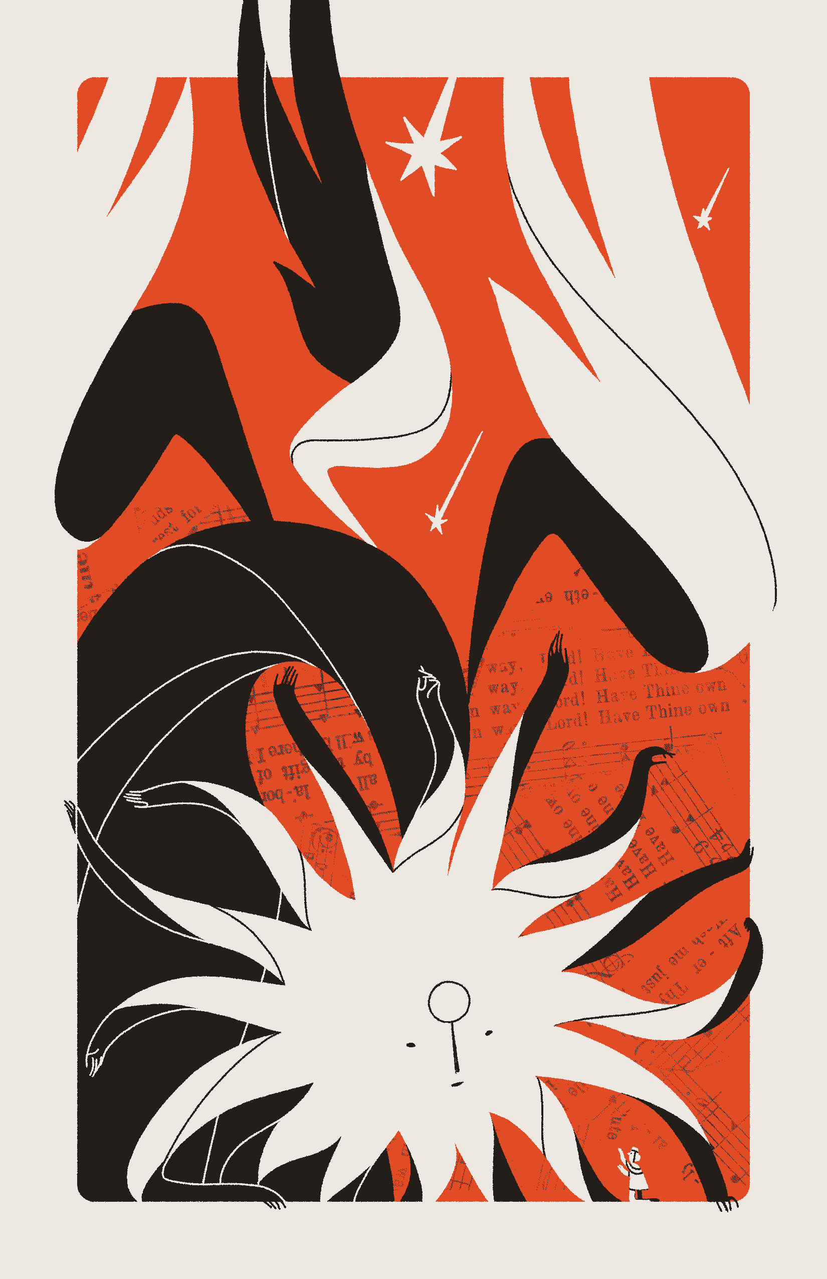 A massive, sun-like being with three wings and many arms leans down to gaze at a pleading Seeker. Stars fall from the sky.