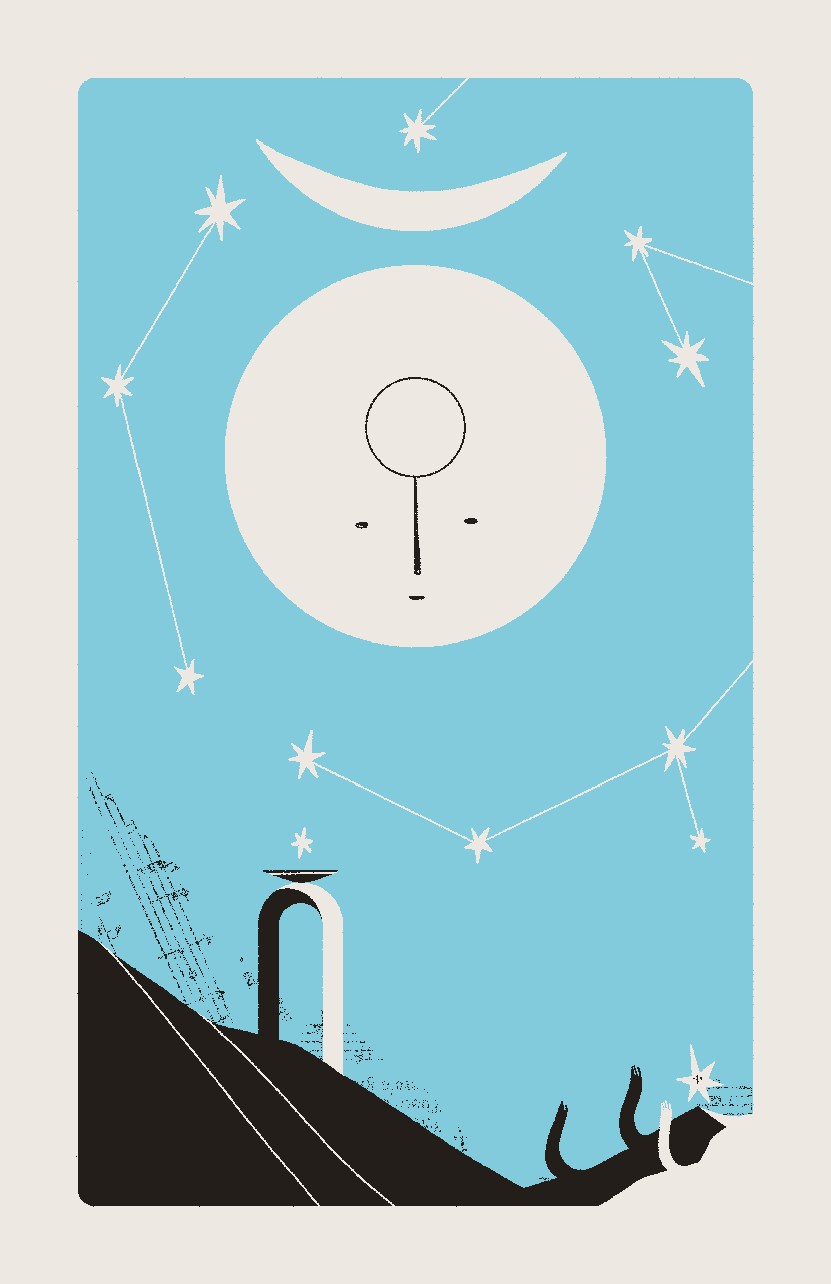 A moon goddess is surrounded by constellations, and she gazes upon a tranquil landscape.