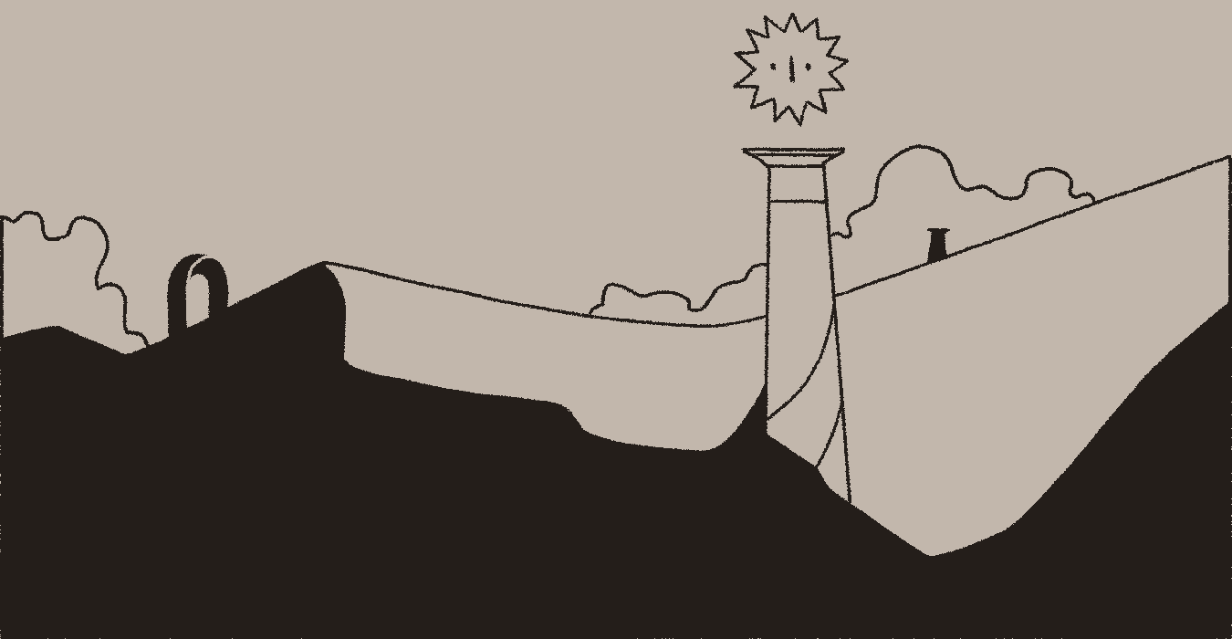 A landscape view of a desert with ruins. A Vessel can be seen hovering above a column in the sand.