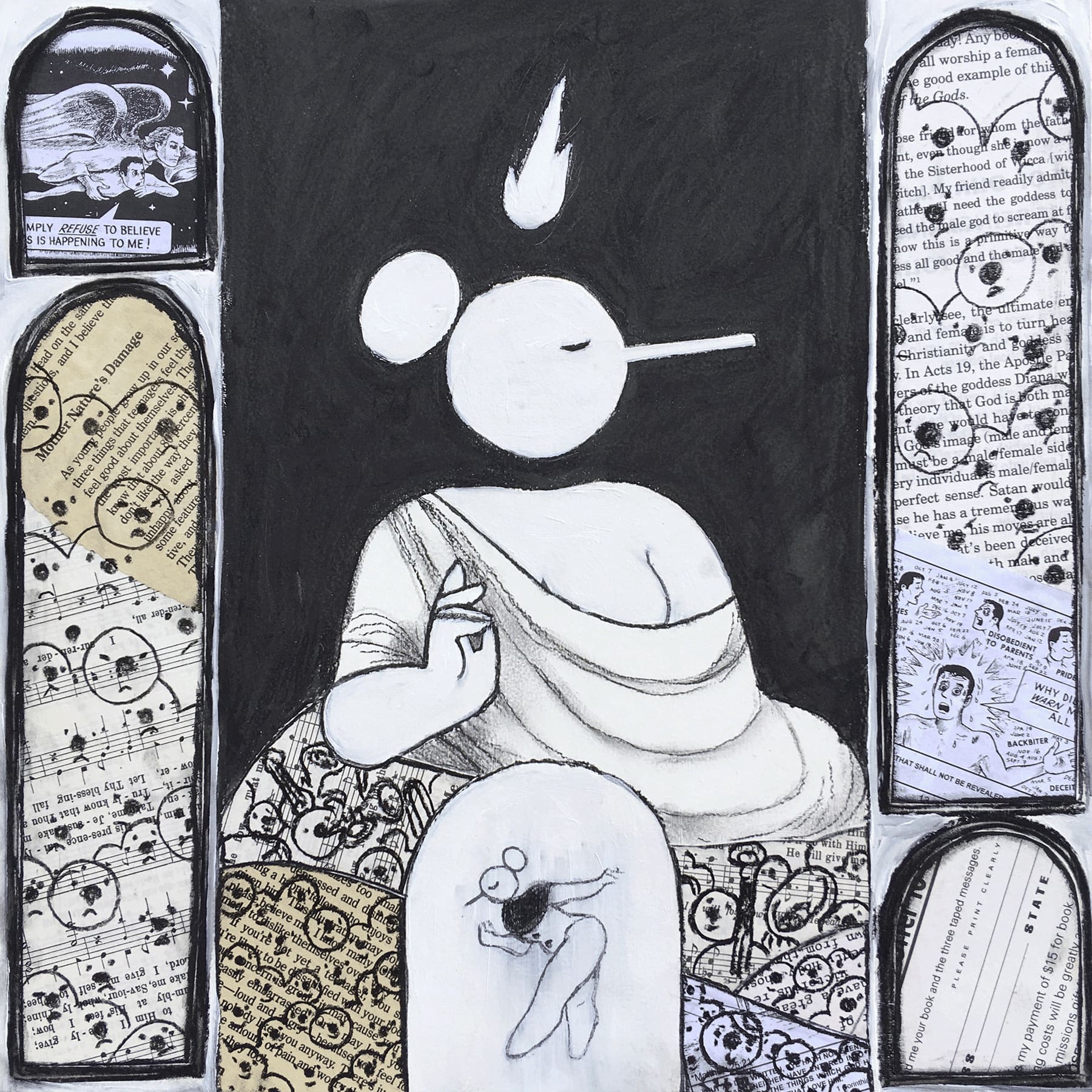 Mixed media, primarily acrylic, charcoal, and collage. A dancer in an archway bows before an audience composed of dozens of clown-like faces, some cheering while others jeer. In the background, a massive seated statue makes a hand gesture and looks away. Around the main panel, other arch-shaped panels are filled with collage from Evangelical pamphlets and more audience members.