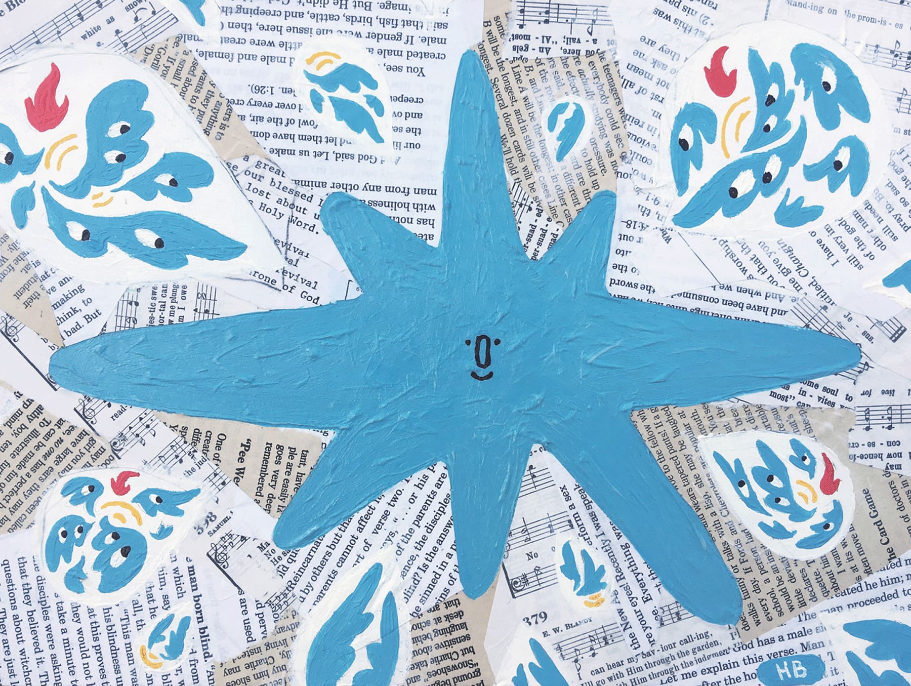 Mixed media, primarily acrylic, charcoal, and collage. A blue, star-like entity smiles at the viewer, and is surrounded by an explosion of collage from hymnals and Evangelical literature as well as many-winged, many-eyed angels.