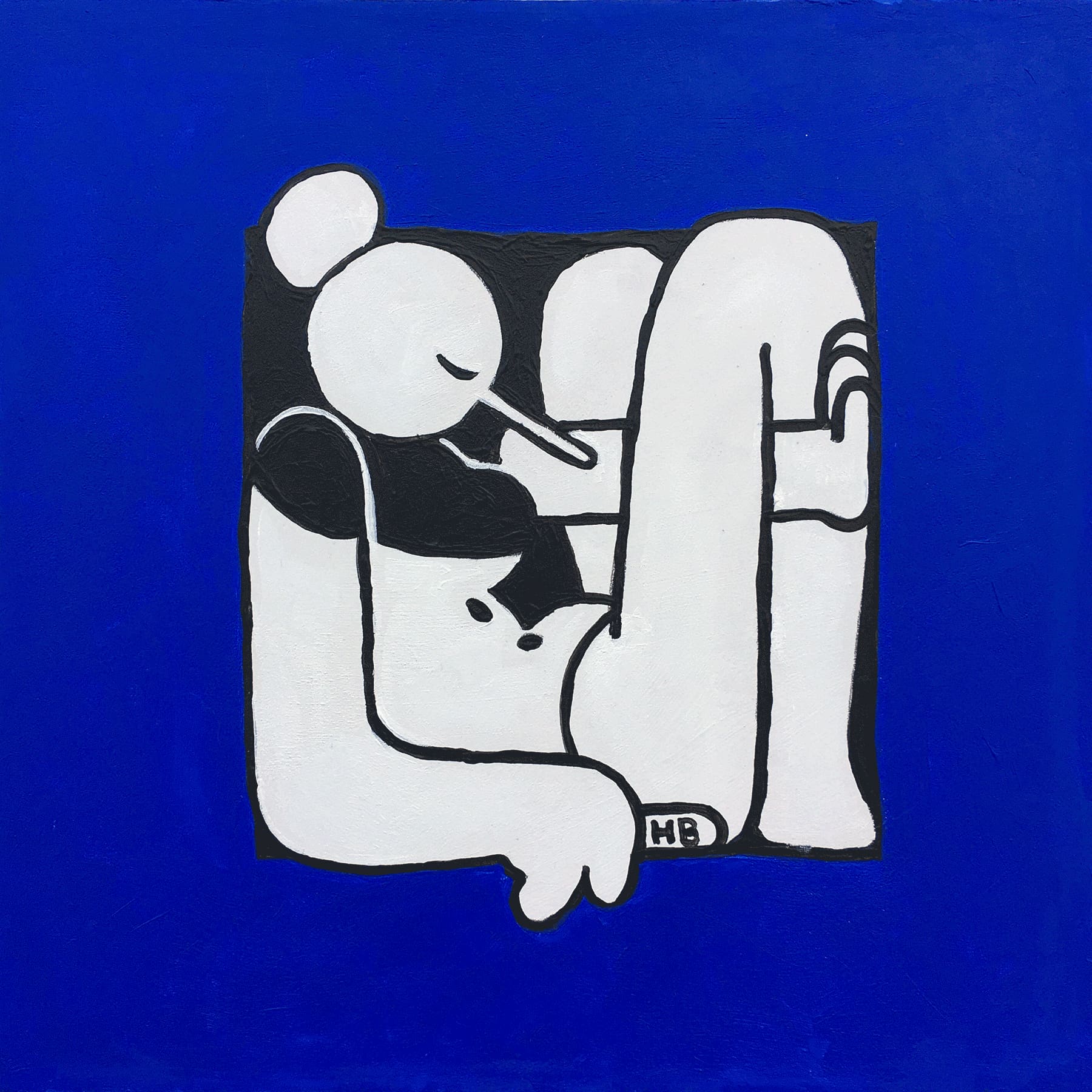 Acrylic painting. A black and white, clown-like figure is compressed into a small square panel, surrounded by a field of deep, saturated blue.